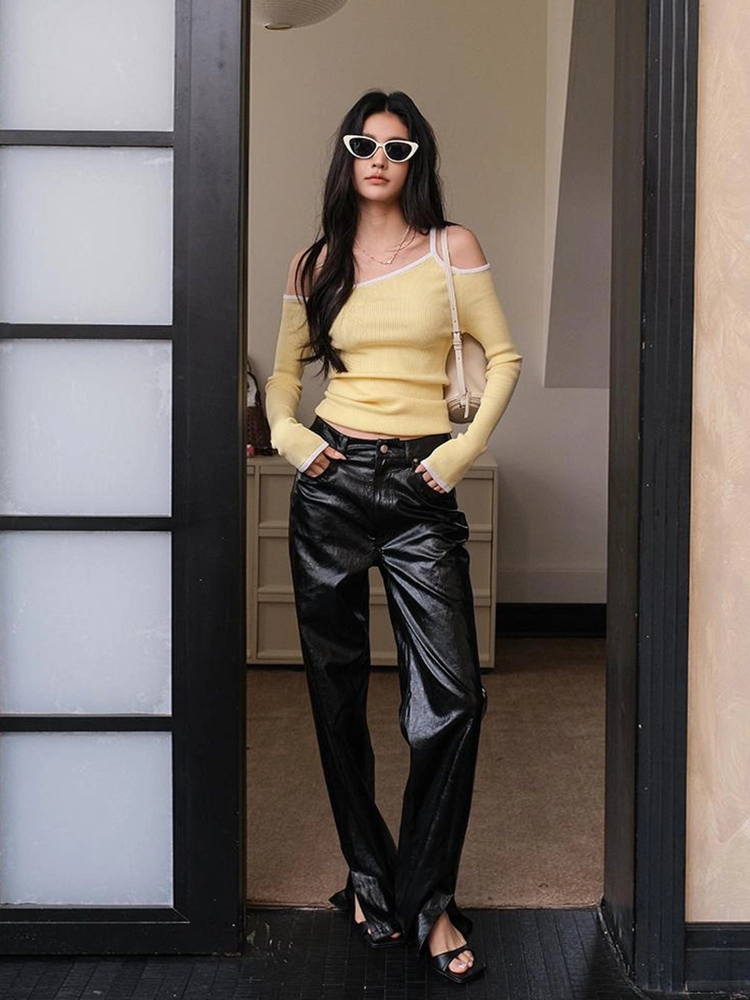 FU FRESH UP Modern Retro Slim Fit Leather Pants With Side Slit