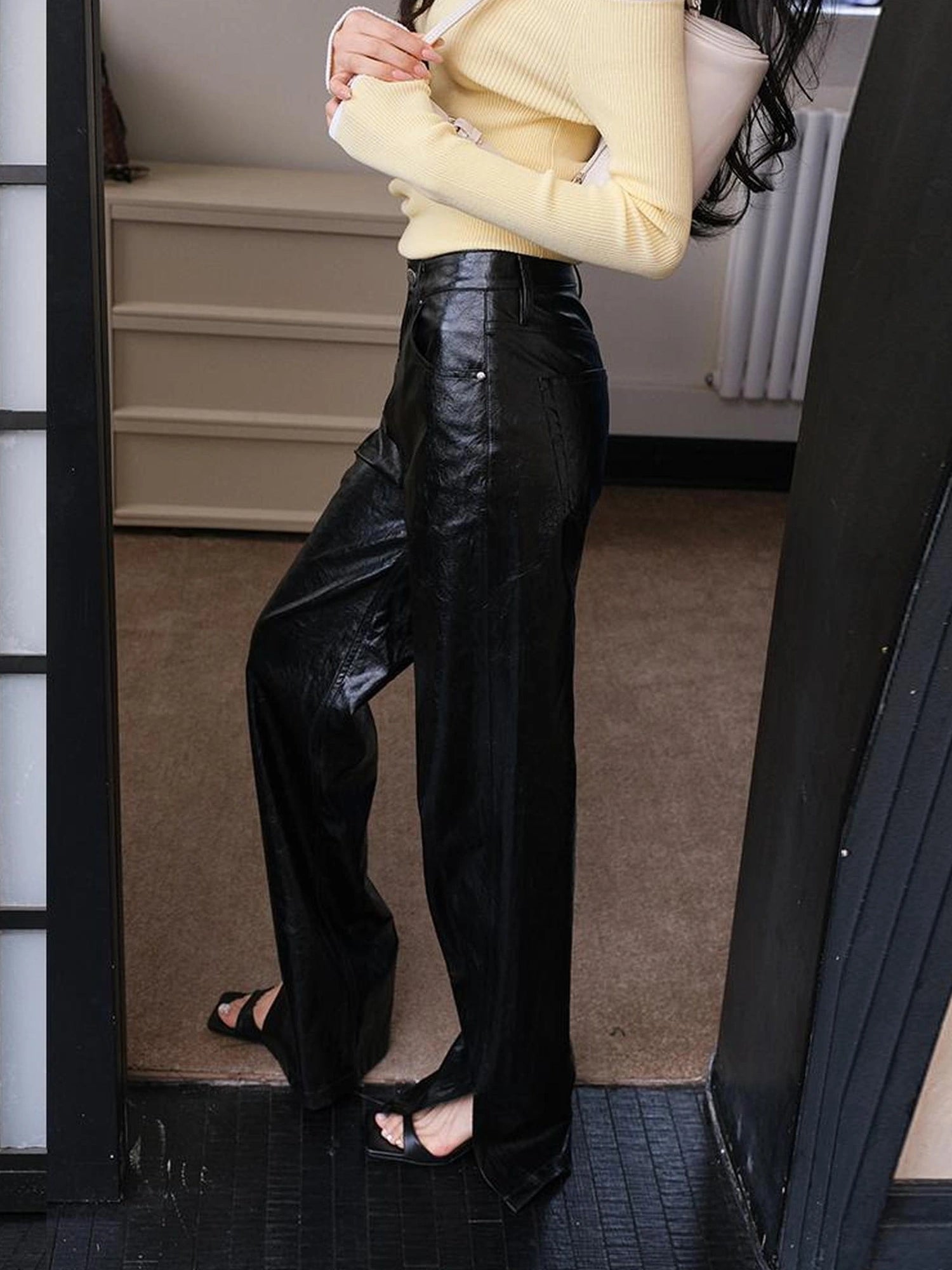 FU FRESH UP Modern Retro Slim Fit Leather Pants With Side Slit