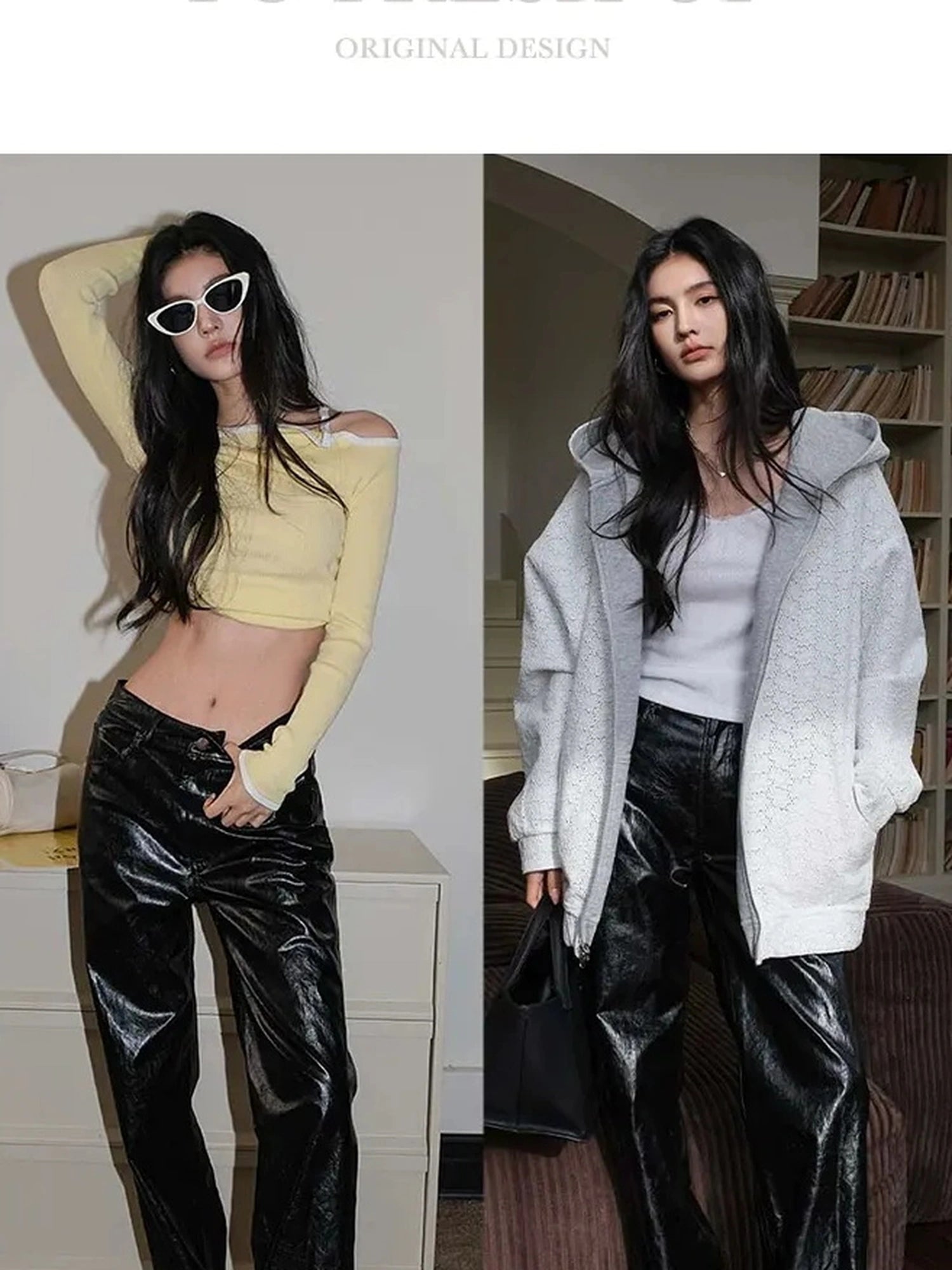 FU FRESH UP Modern Retro Slim Fit Leather Pants With Side Slit