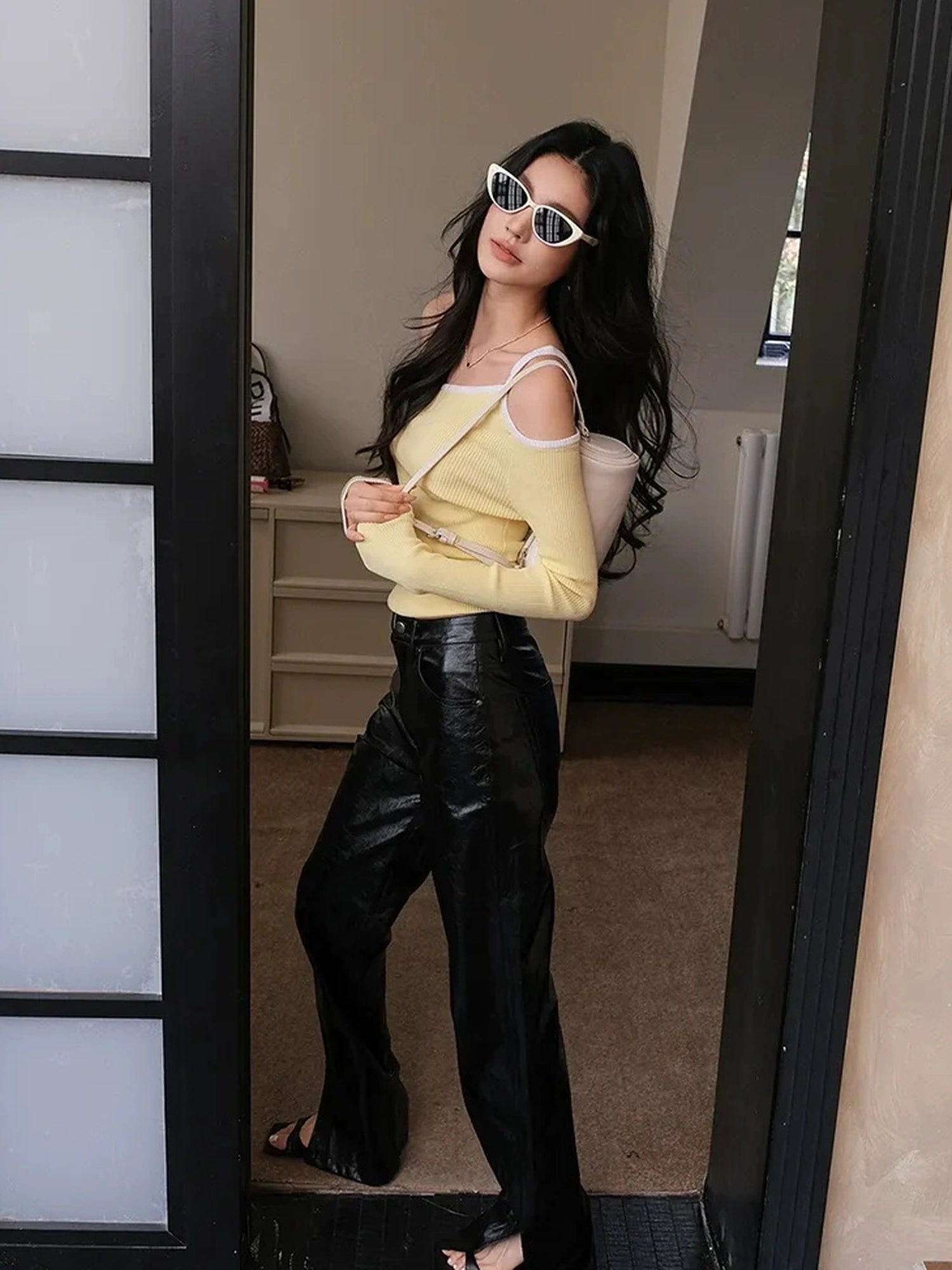 FU FRESH UP Modern Retro Slim Fit Leather Pants With Side Slit