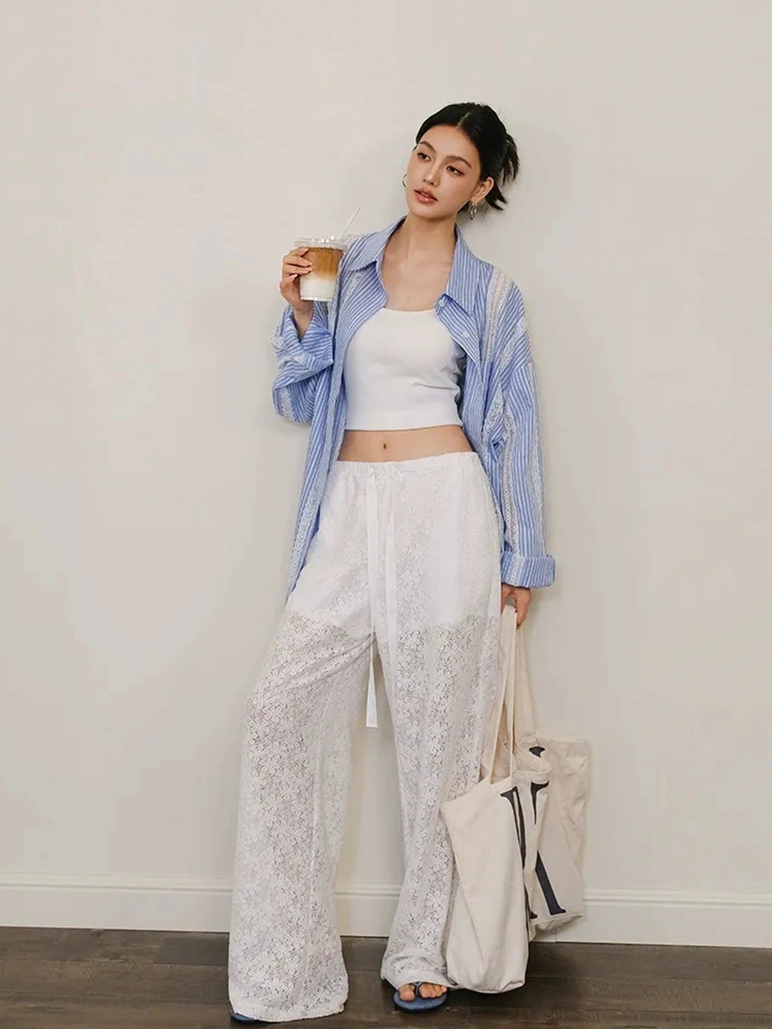 FU FRESH UP Multi Panel Lace Cutout Striped Shirt