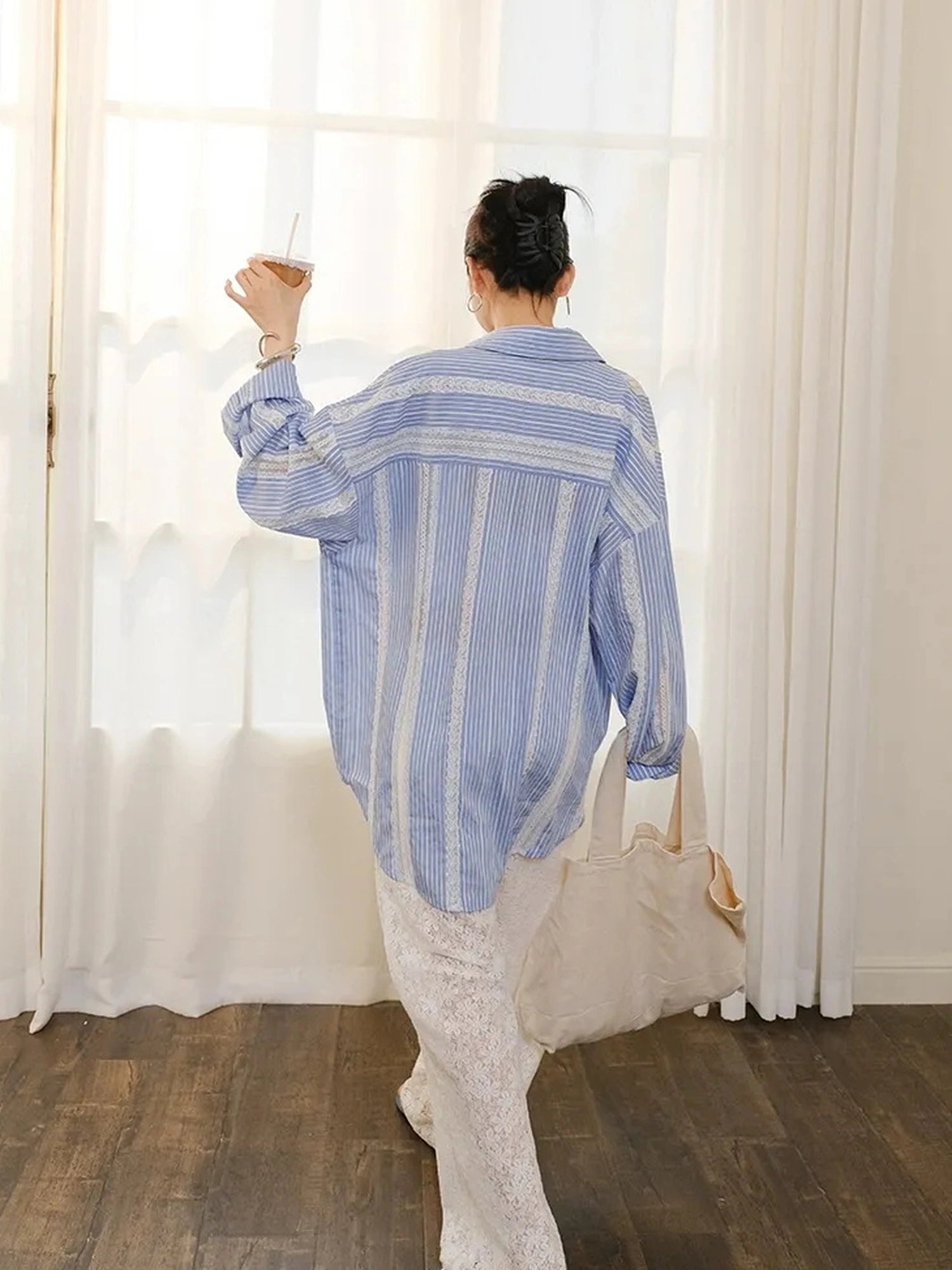 FU FRESH UP Multi Panel Lace Cutout Striped Shirt