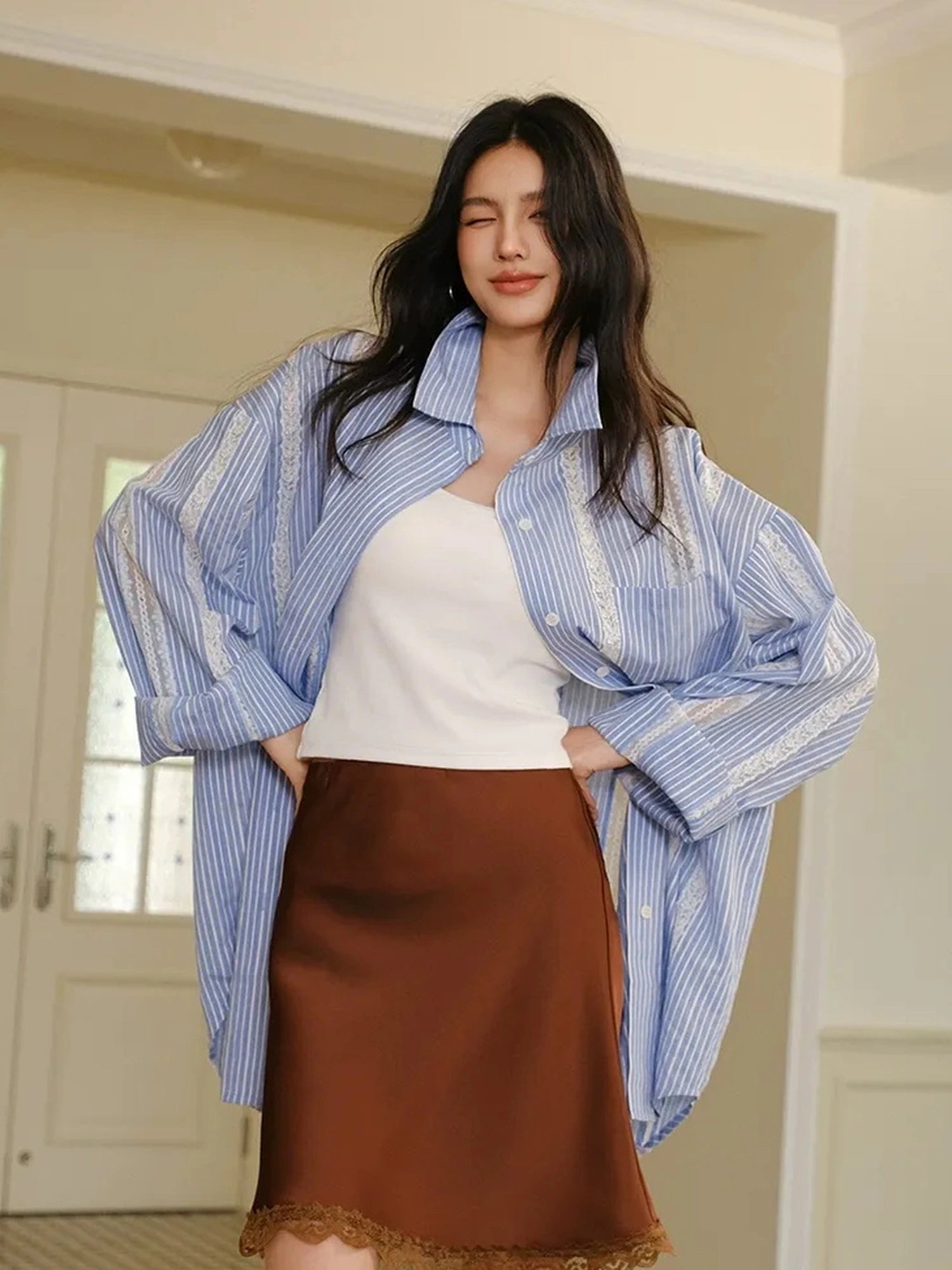 FU FRESH UP Multi Panel Lace Cutout Striped Shirt