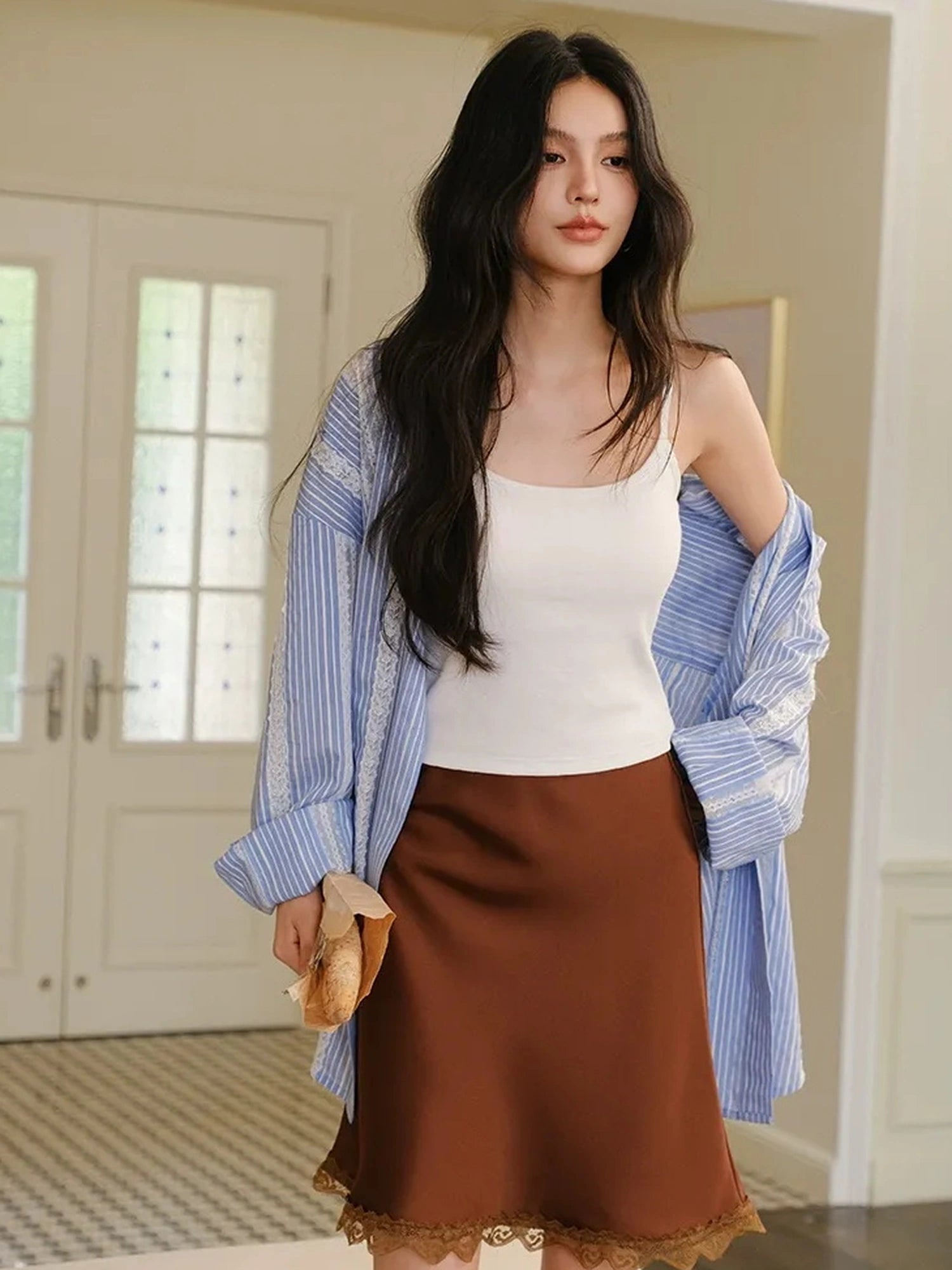 FU FRESH UP Multi Panel Lace Cutout Striped Shirt