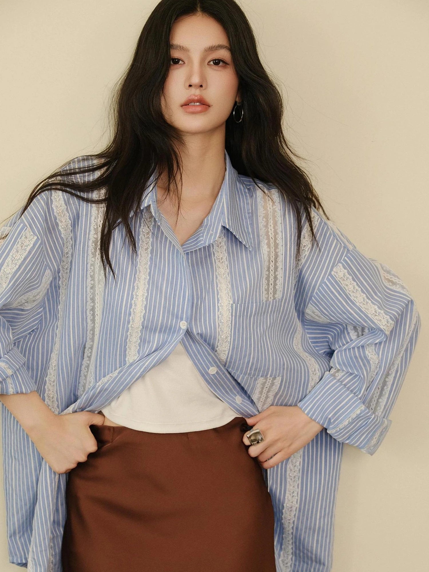 FU FRESH UP Multi Panel Lace Cutout Striped Shirt
