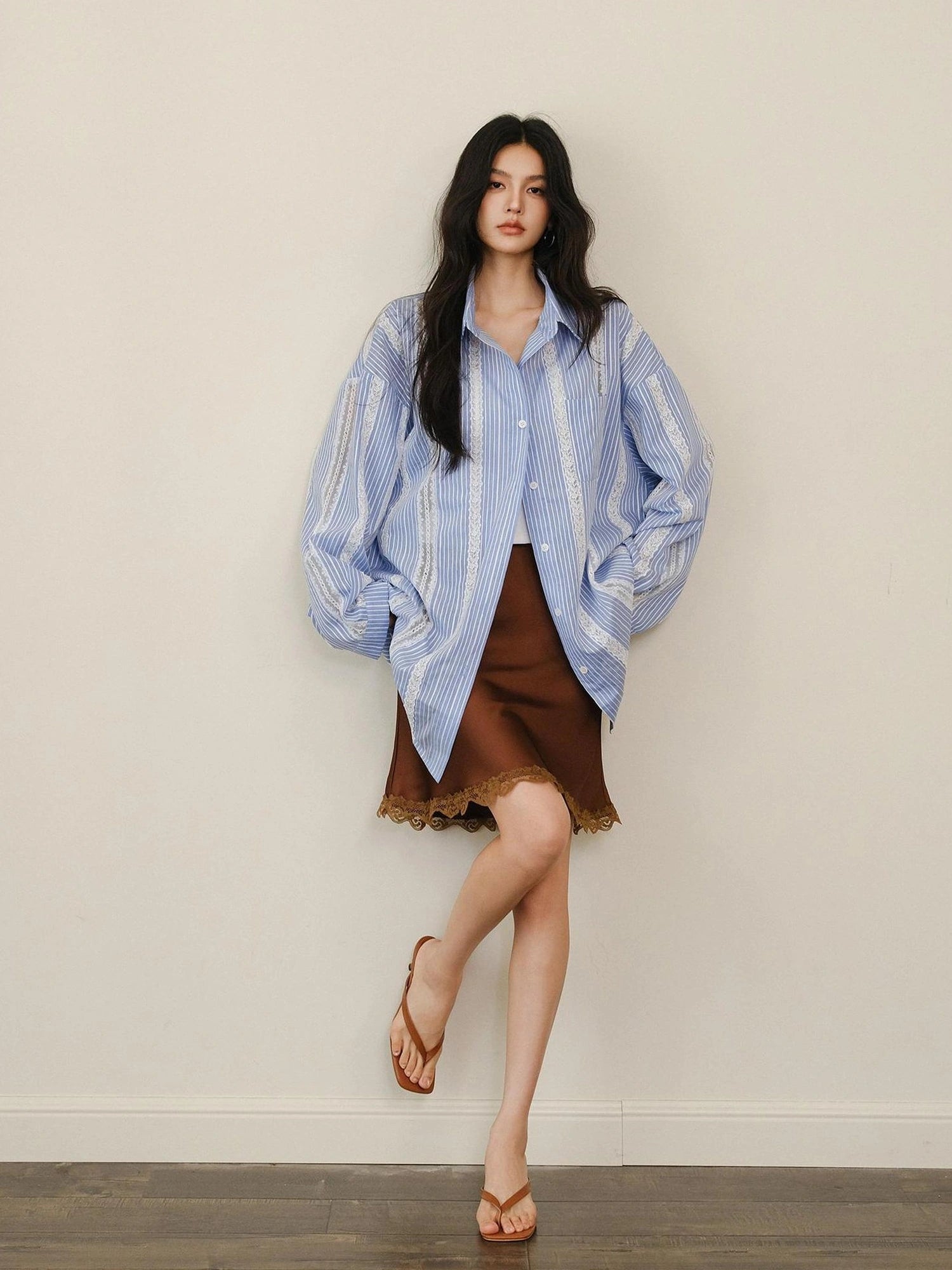 FU FRESH UP Multi Panel Lace Cutout Striped Shirt