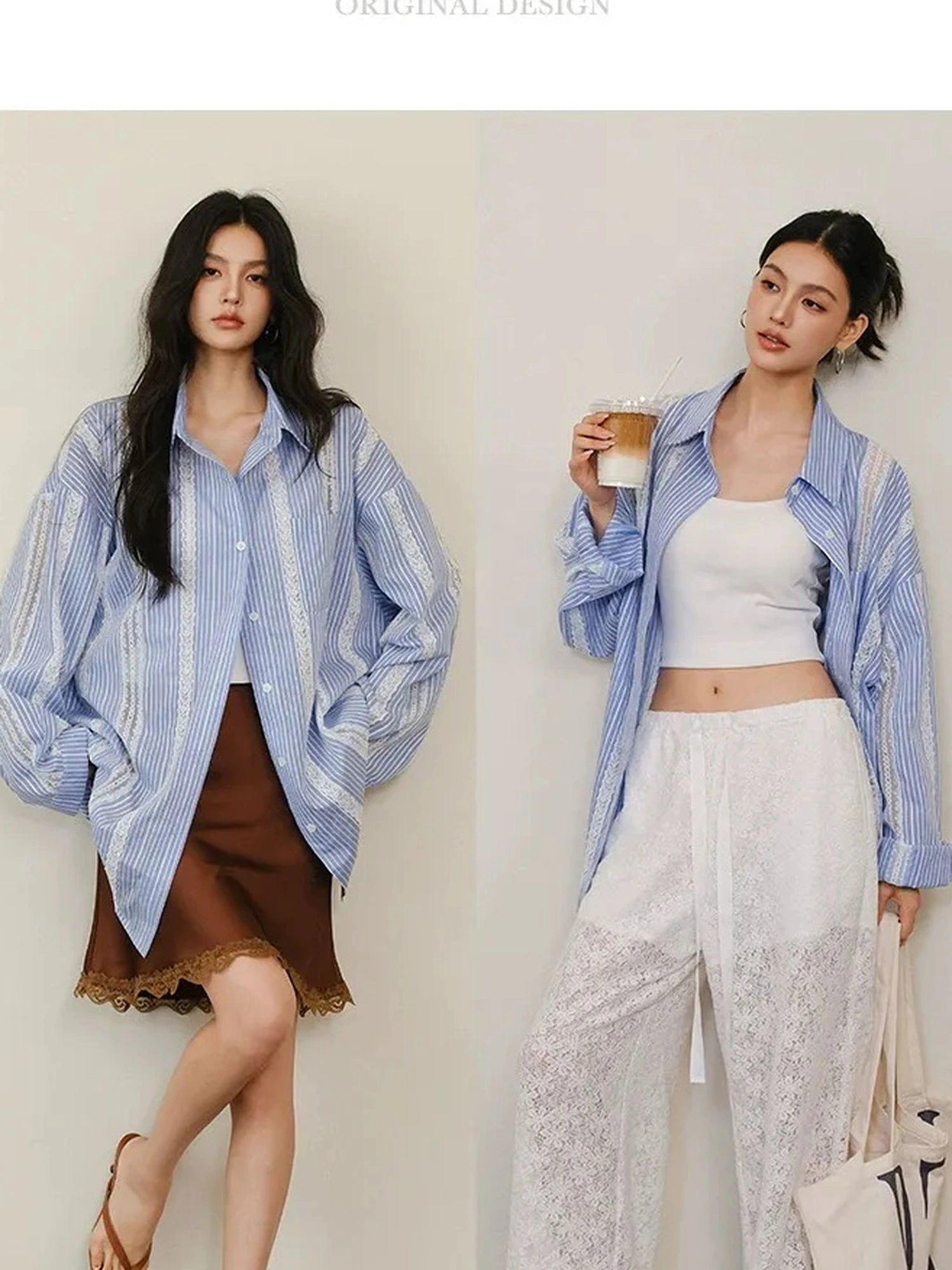 FU FRESH UP Multi Panel Lace Cutout Striped Shirt