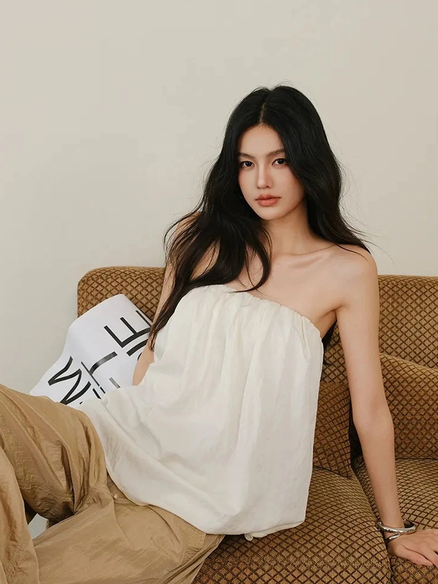FU FRESH UP Off Shoulder Blouson Tencel Tube Top