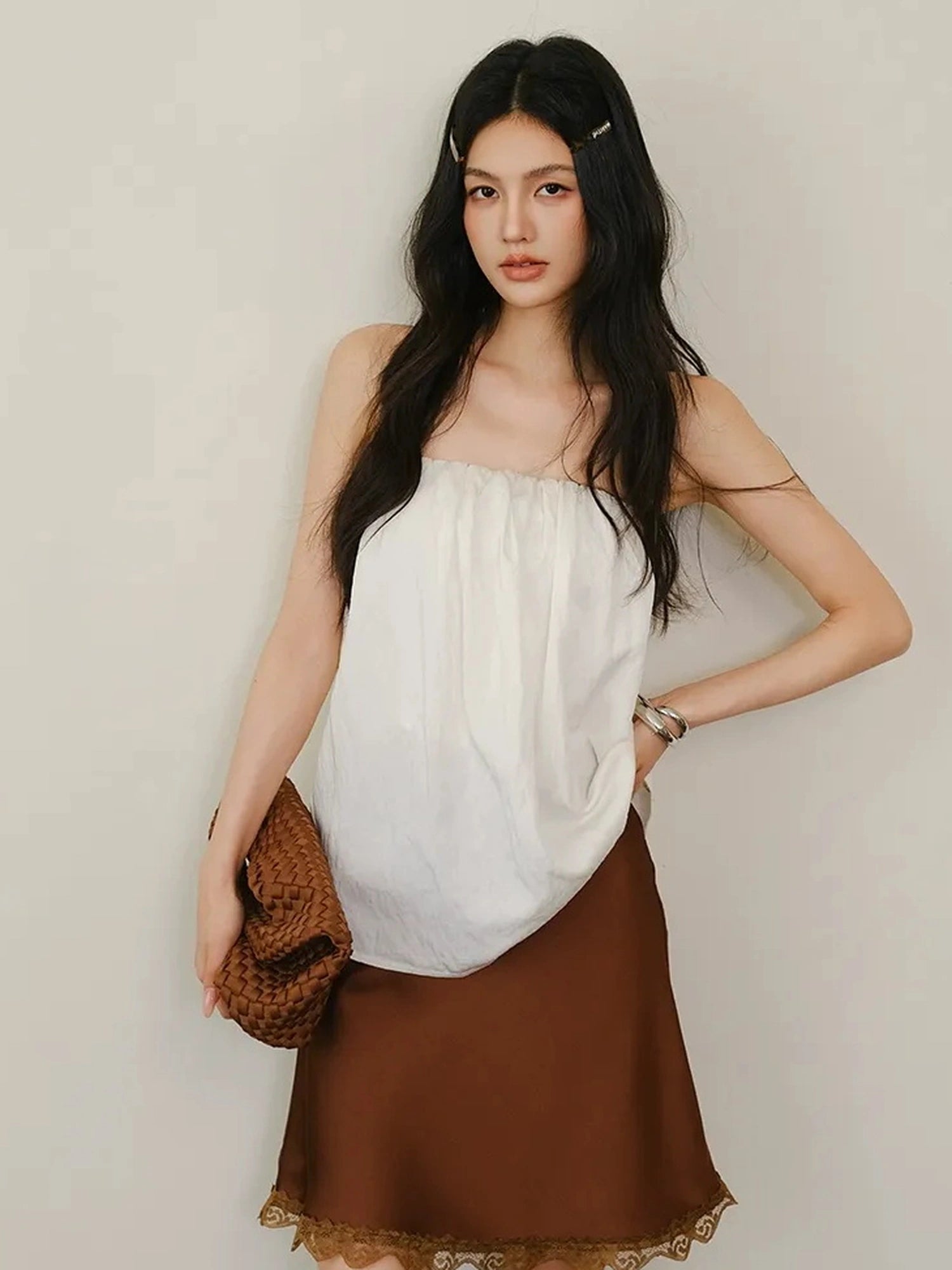 FU FRESH UP Off Shoulder Blouson Tencel Tube Top