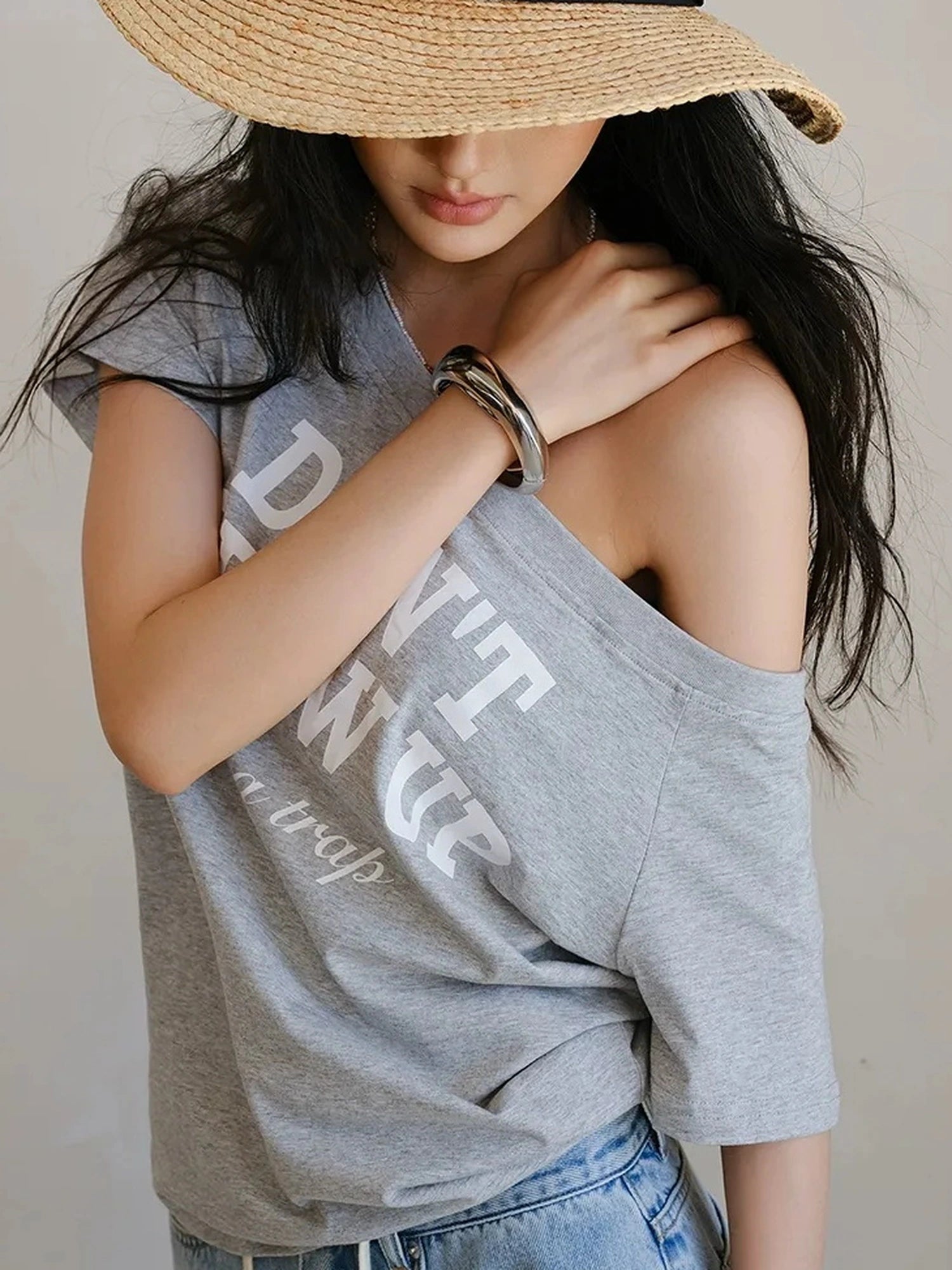Off Shoulder Color Block Letter Print Tee
