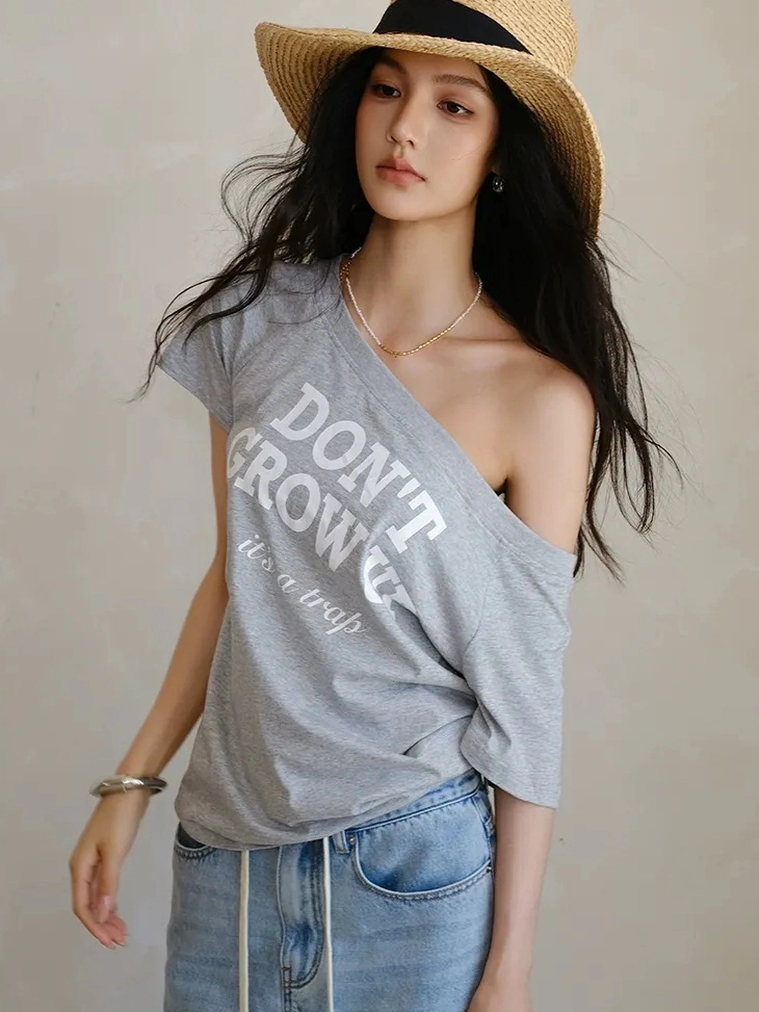 Off Shoulder Color Block Letter Print Tee