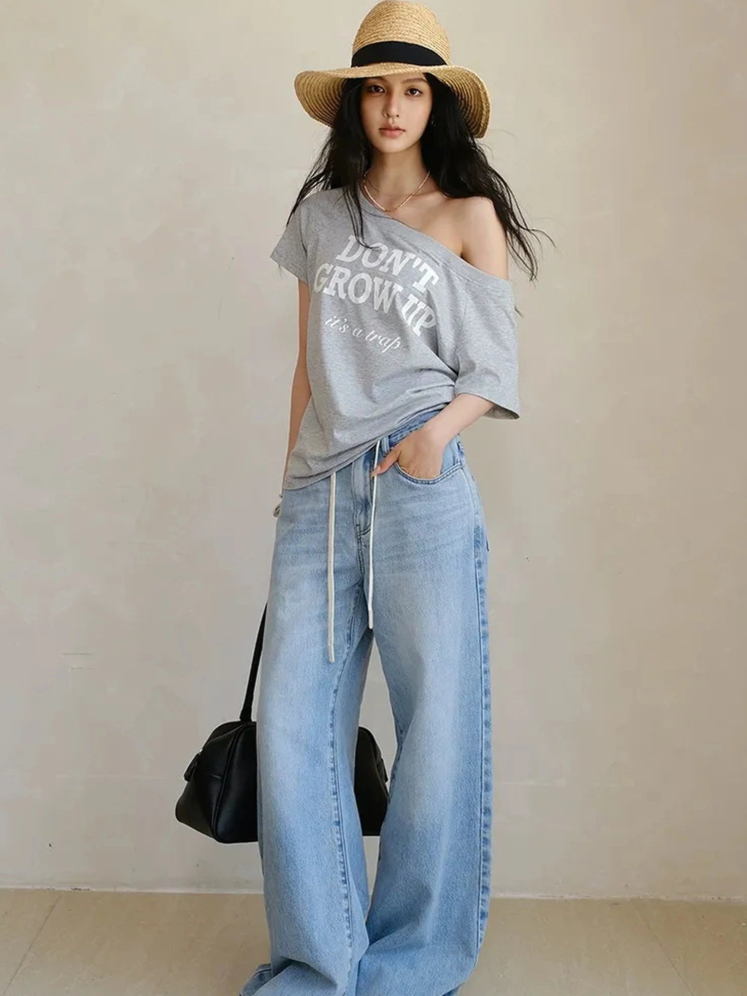 Off Shoulder Color Block Letter Print Tee