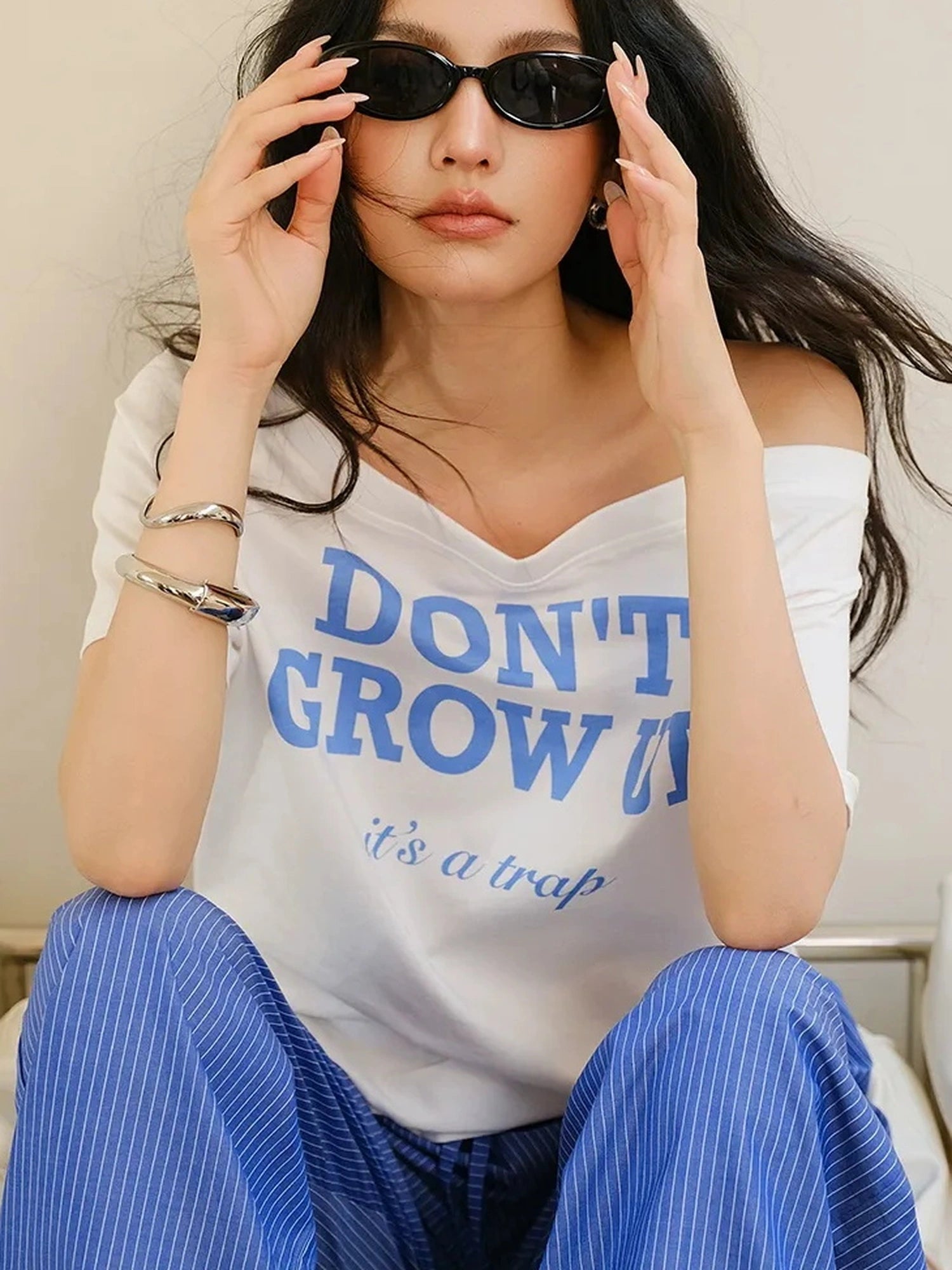 Off Shoulder Color Block Letter Print Tee