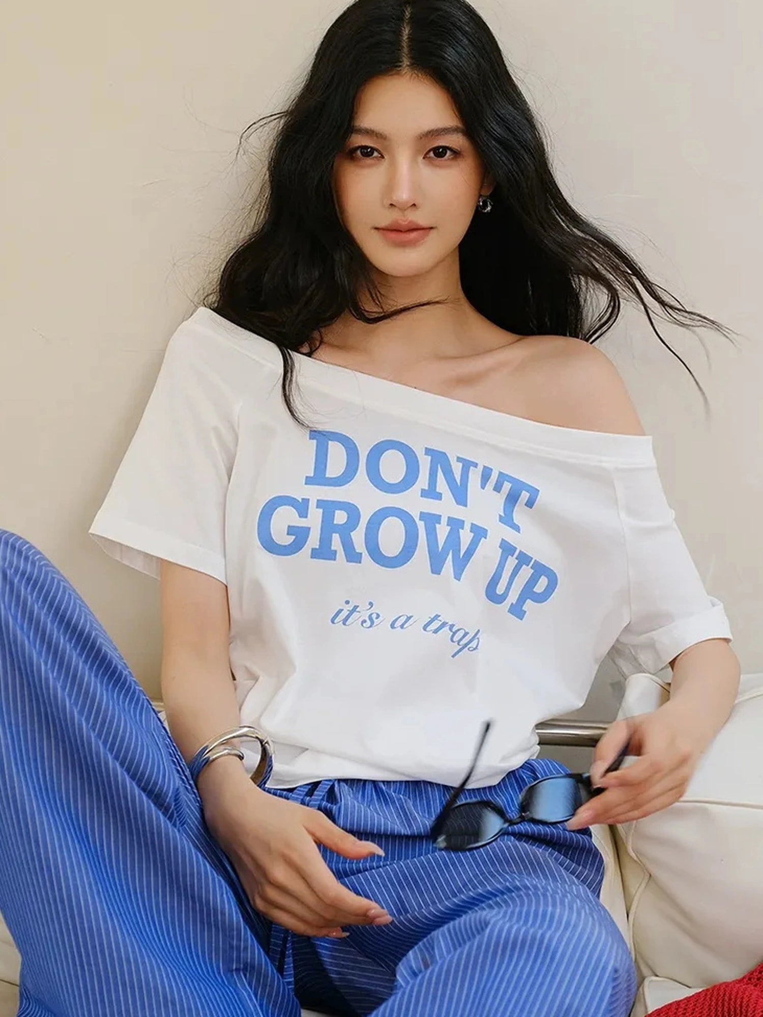 Off Shoulder Color Block Letter Print Tee