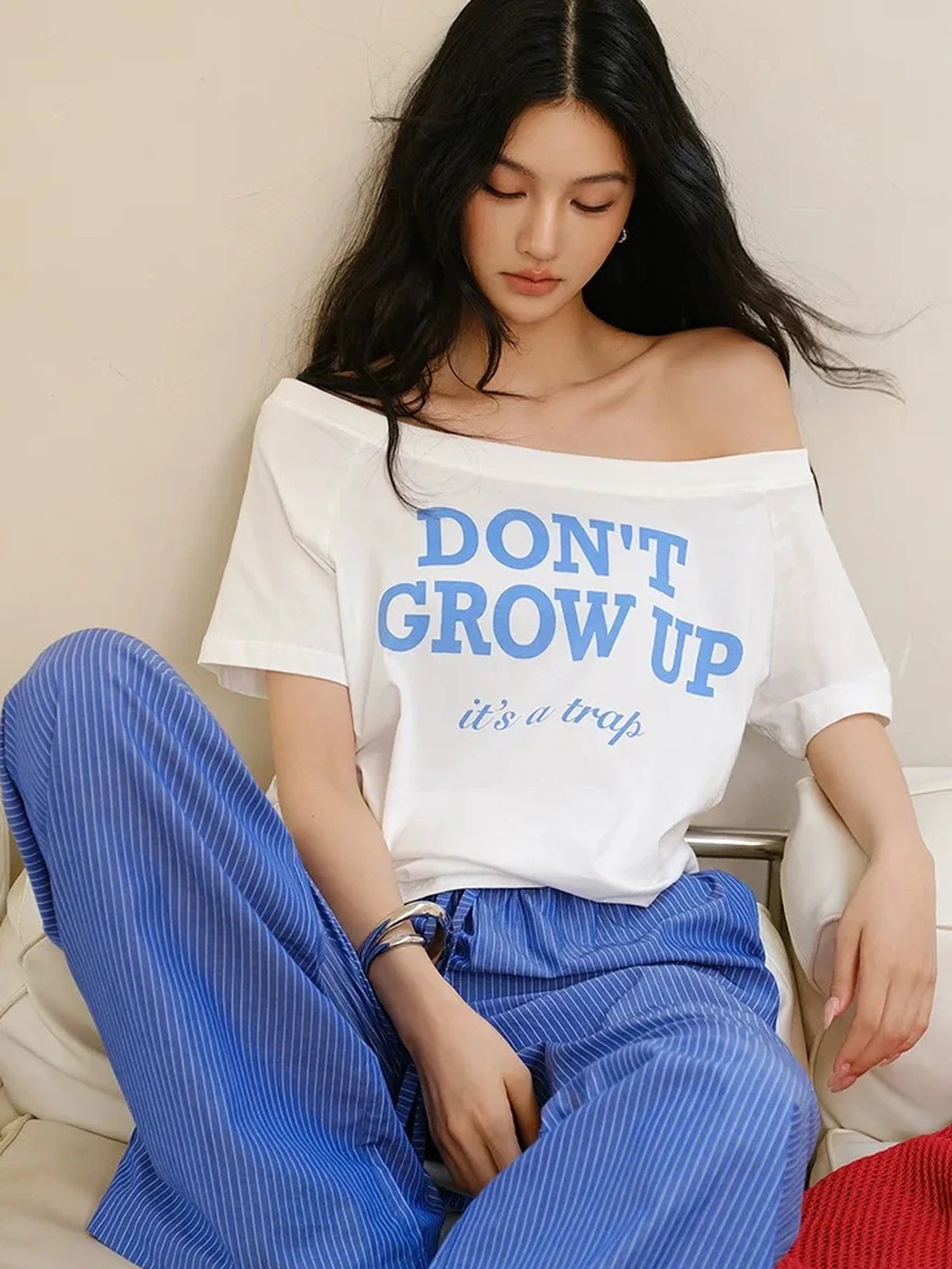 Off Shoulder Color Block Letter Print Tee