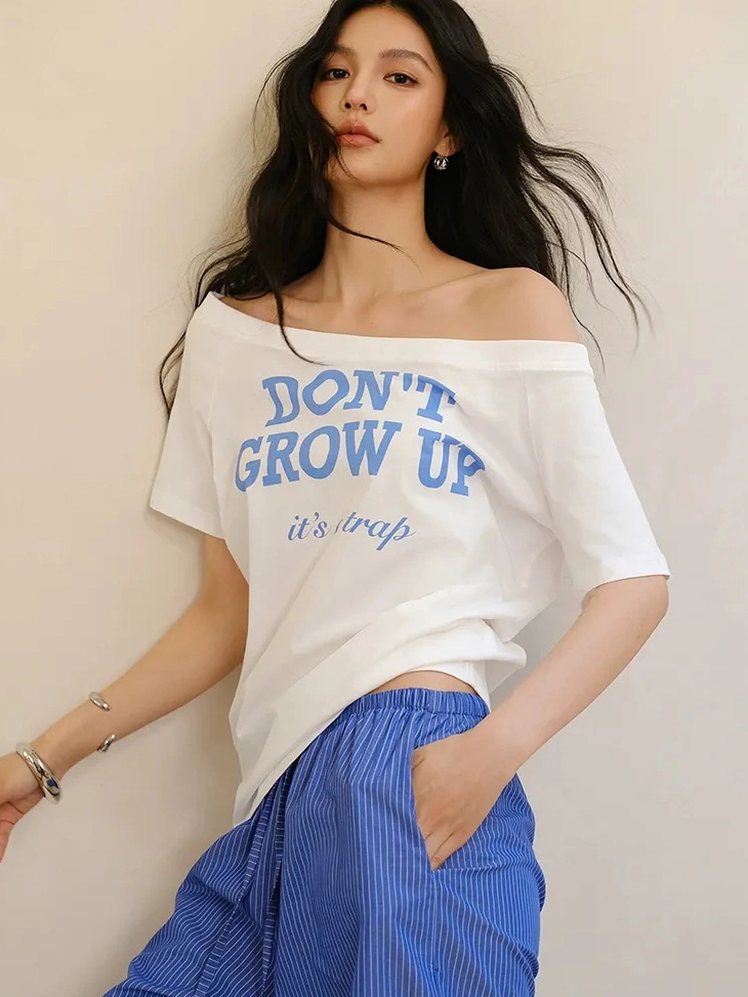 Off Shoulder Color Block Letter Print Tee