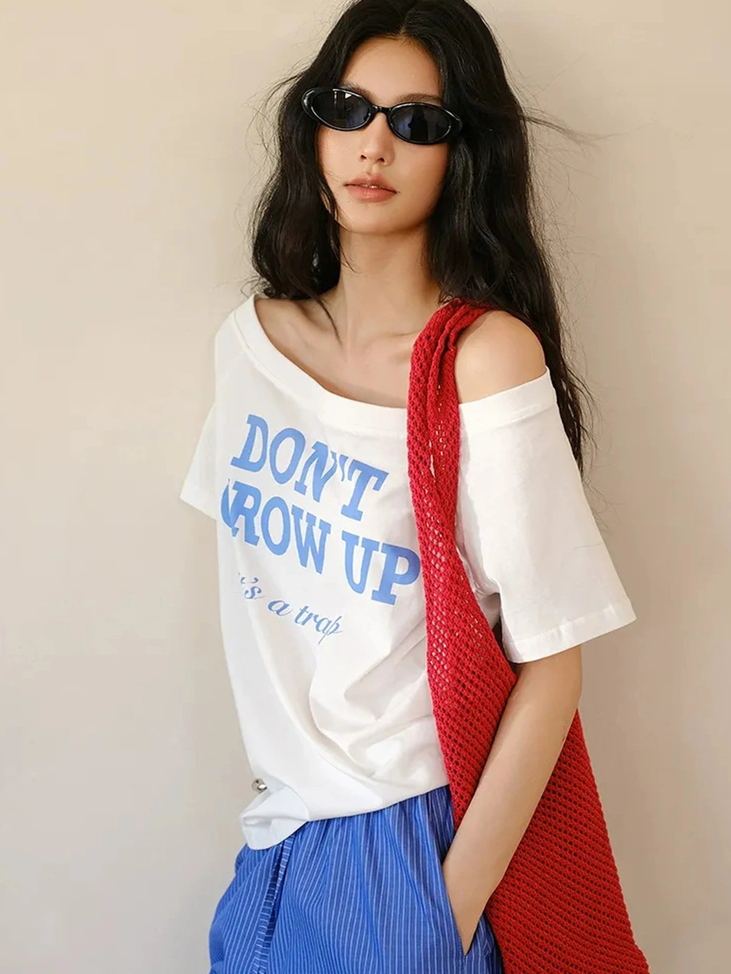 Off Shoulder Color Block Letter Print Tee