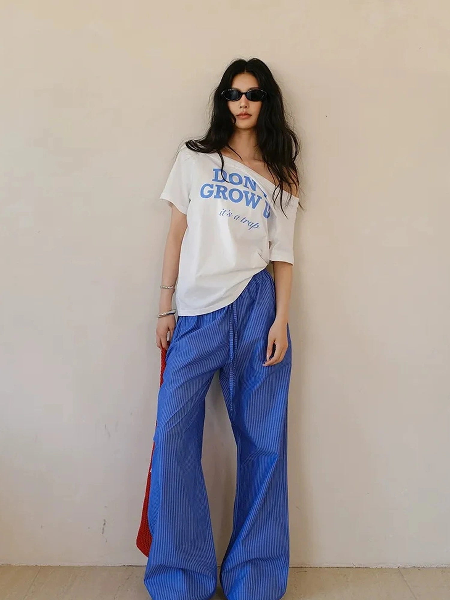 Off Shoulder Color Block Letter Print Tee