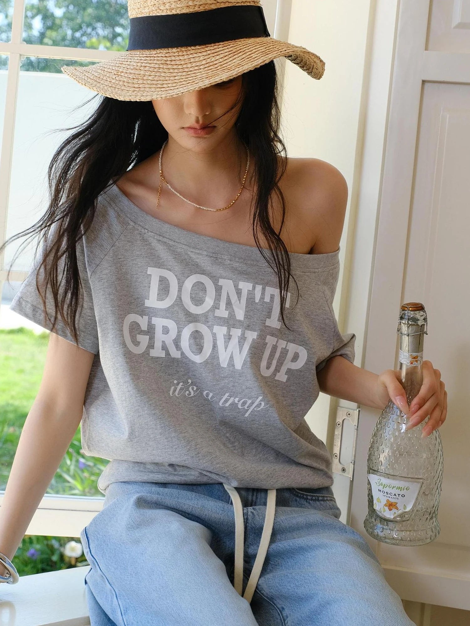 Off Shoulder Color Block Letter Print Tee