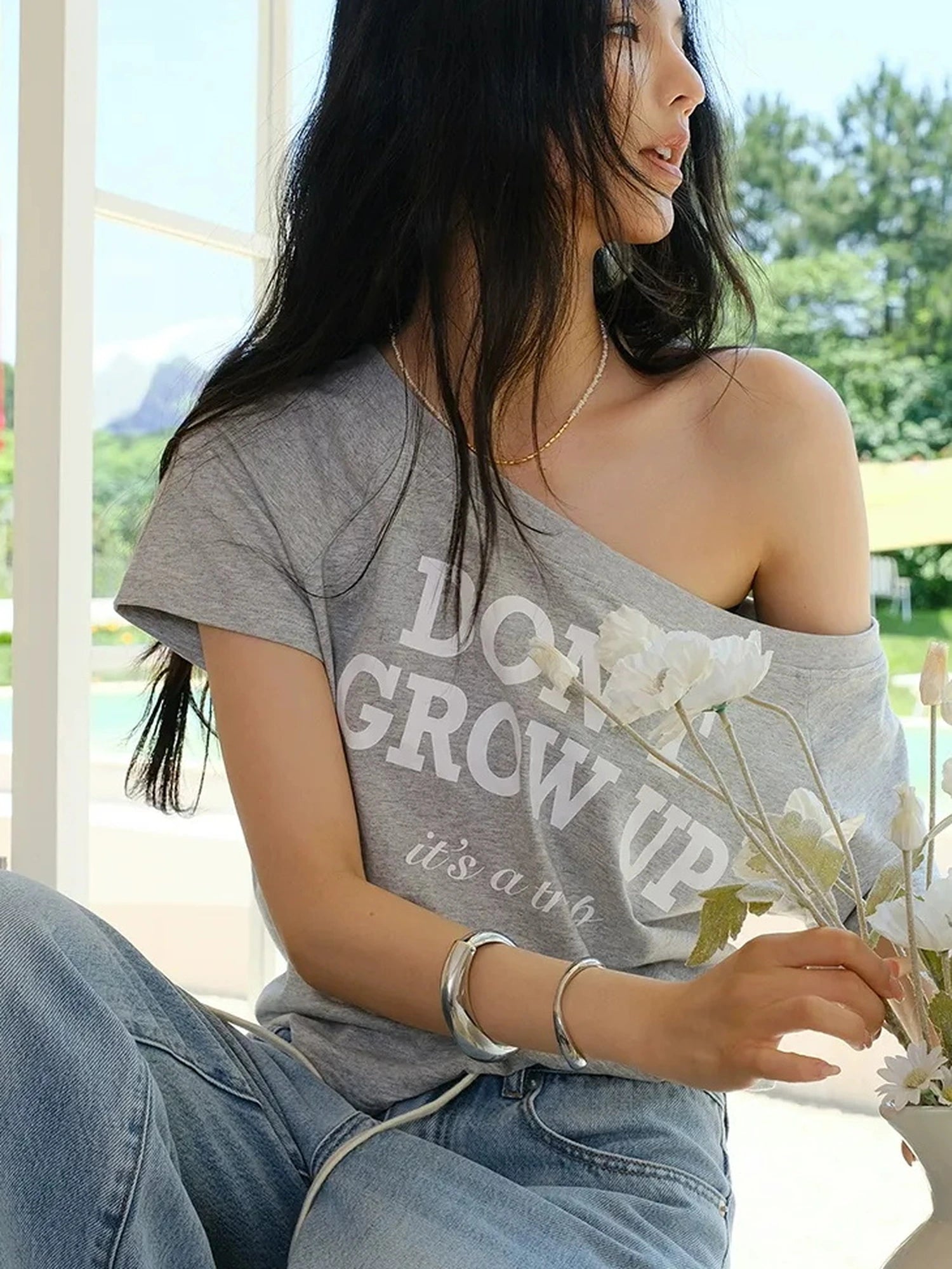 Off Shoulder Color Block Letter Print Tee
