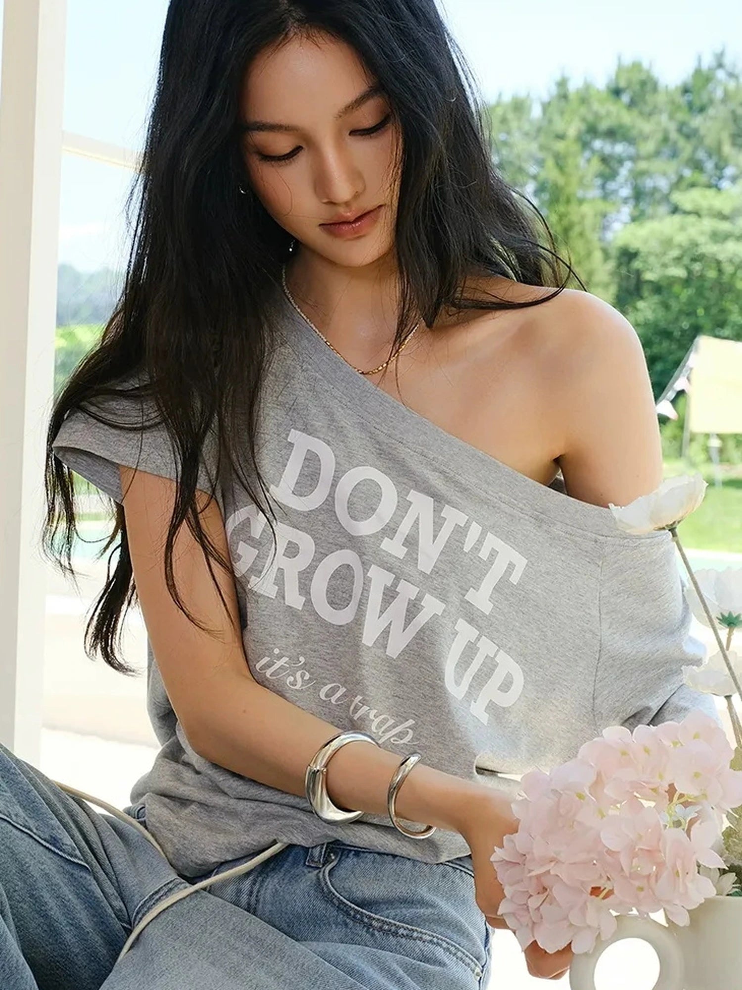 Off Shoulder Color Block Letter Print Tee