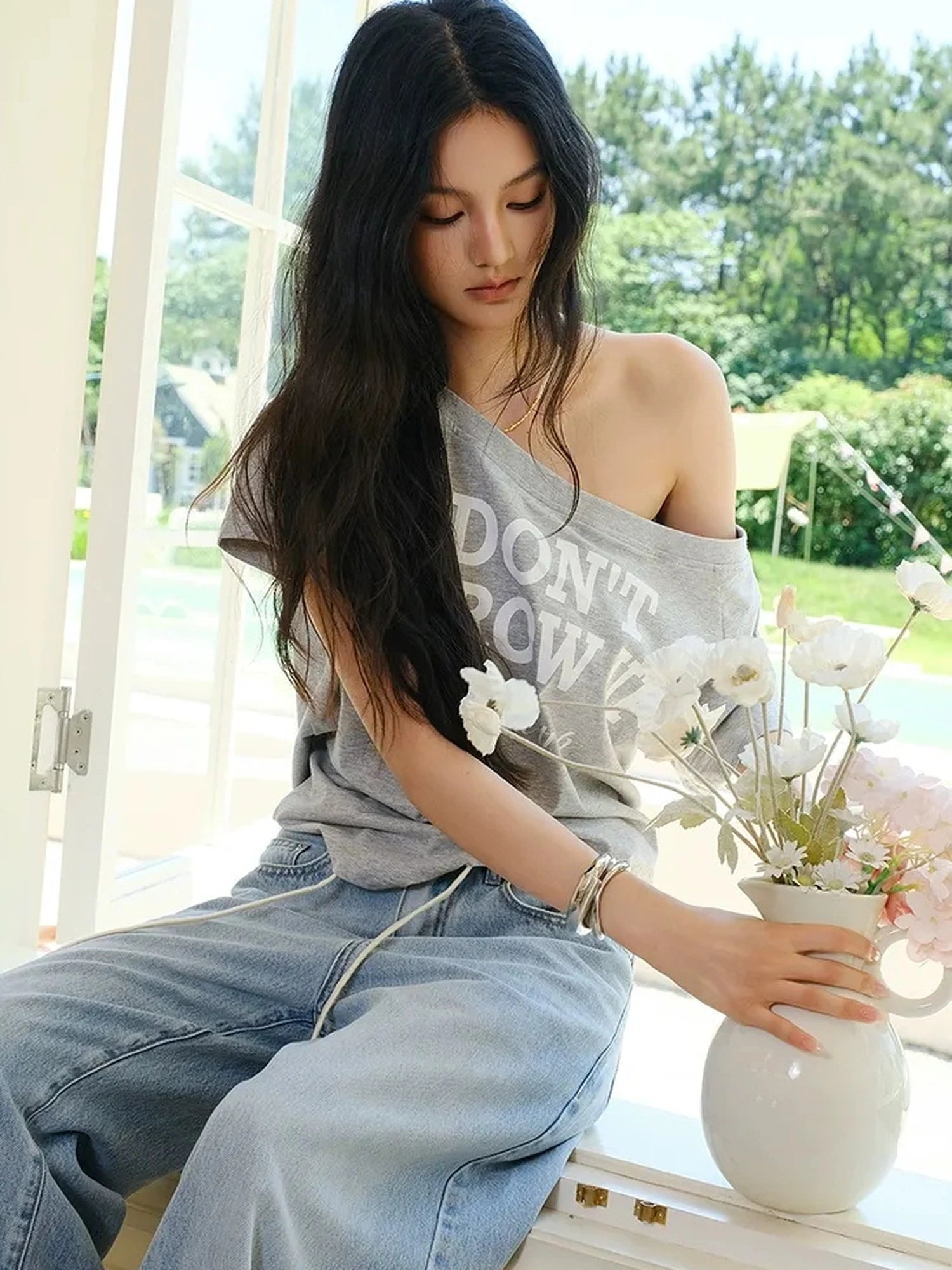 Off Shoulder Color Block Letter Print Tee