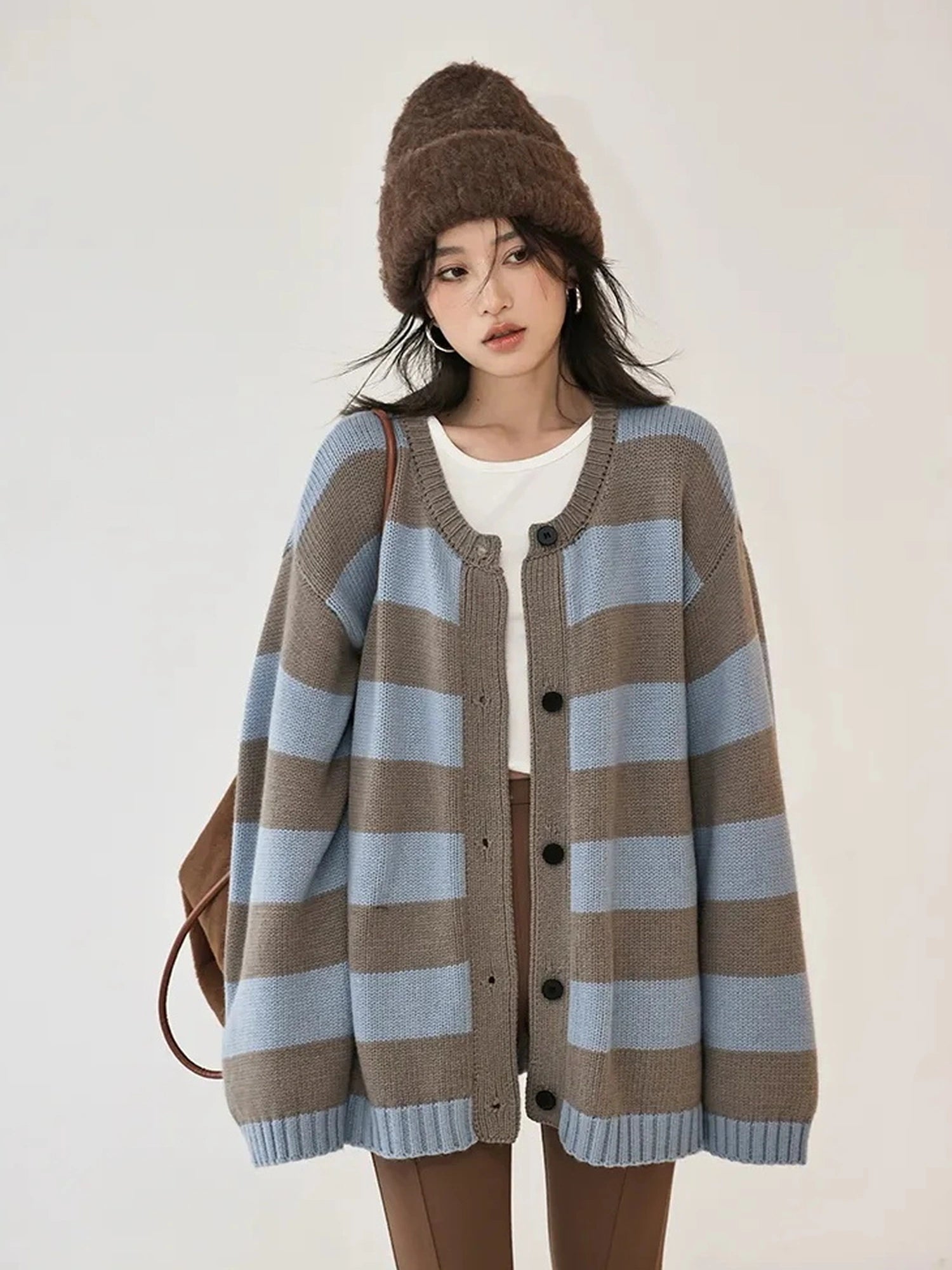 Oversize Color Block Striped Knit Cardigan