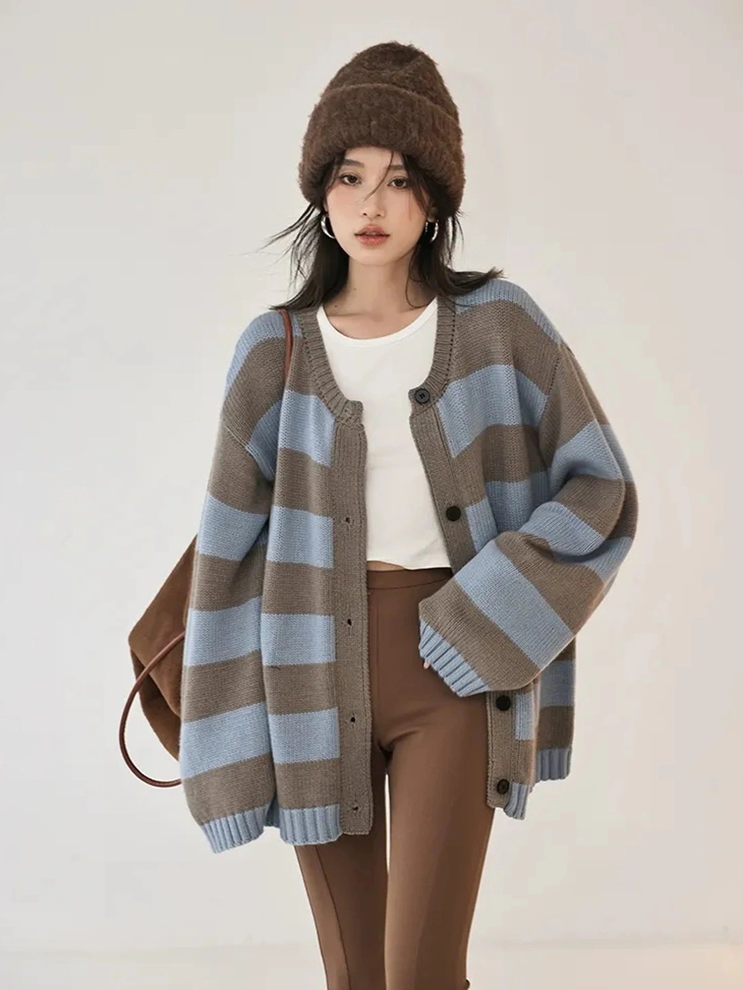 Oversize Color Block Striped Knit Cardigan