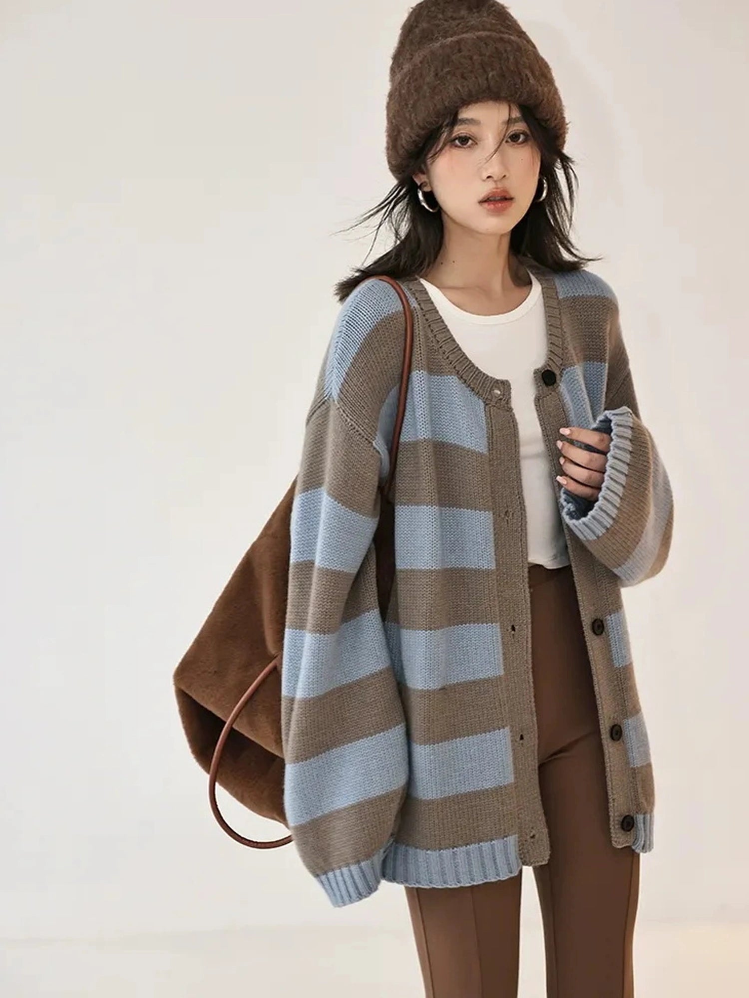 Oversize Color Block Striped Knit Cardigan
