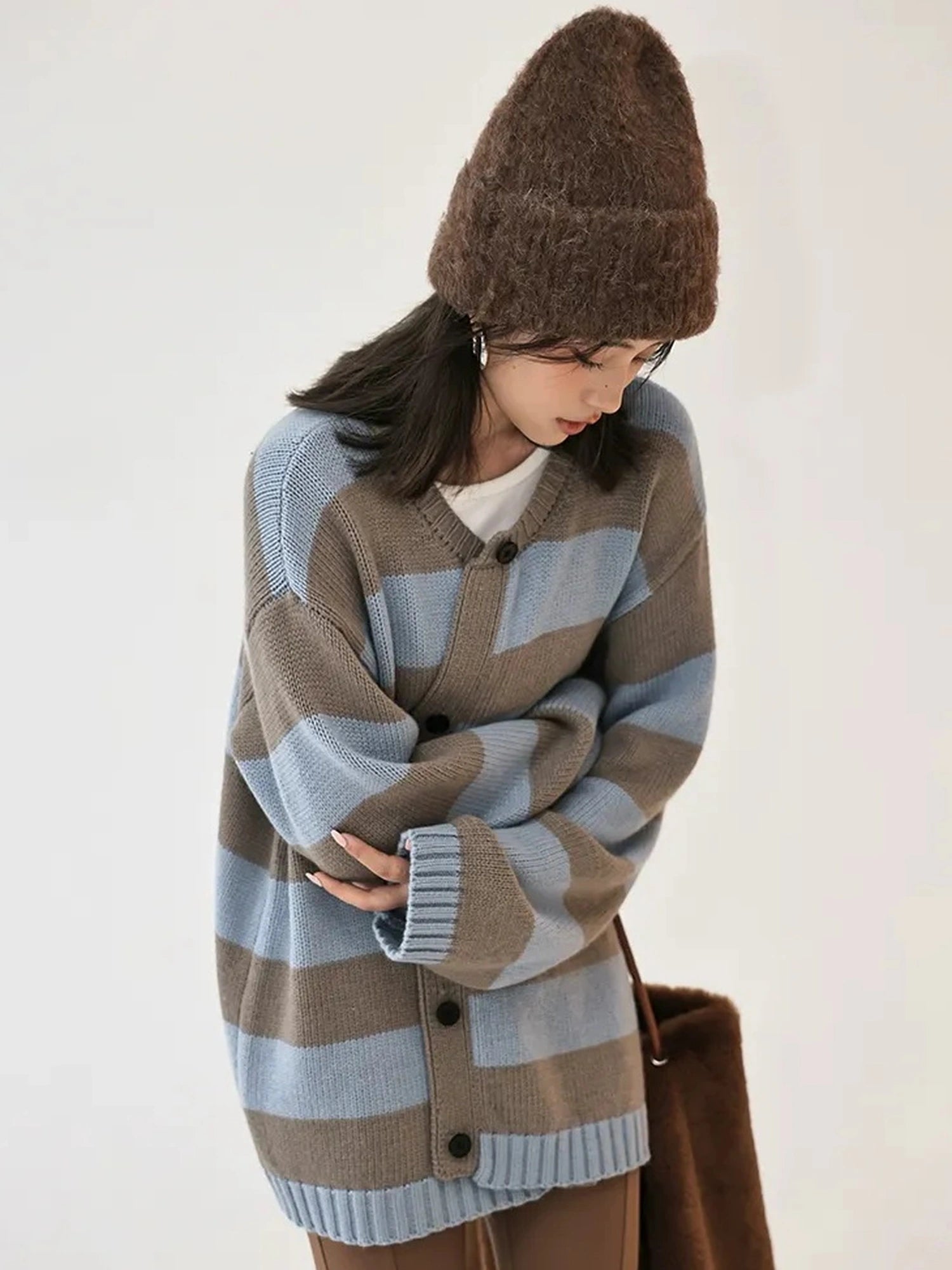Oversize Color Block Striped Knit Cardigan