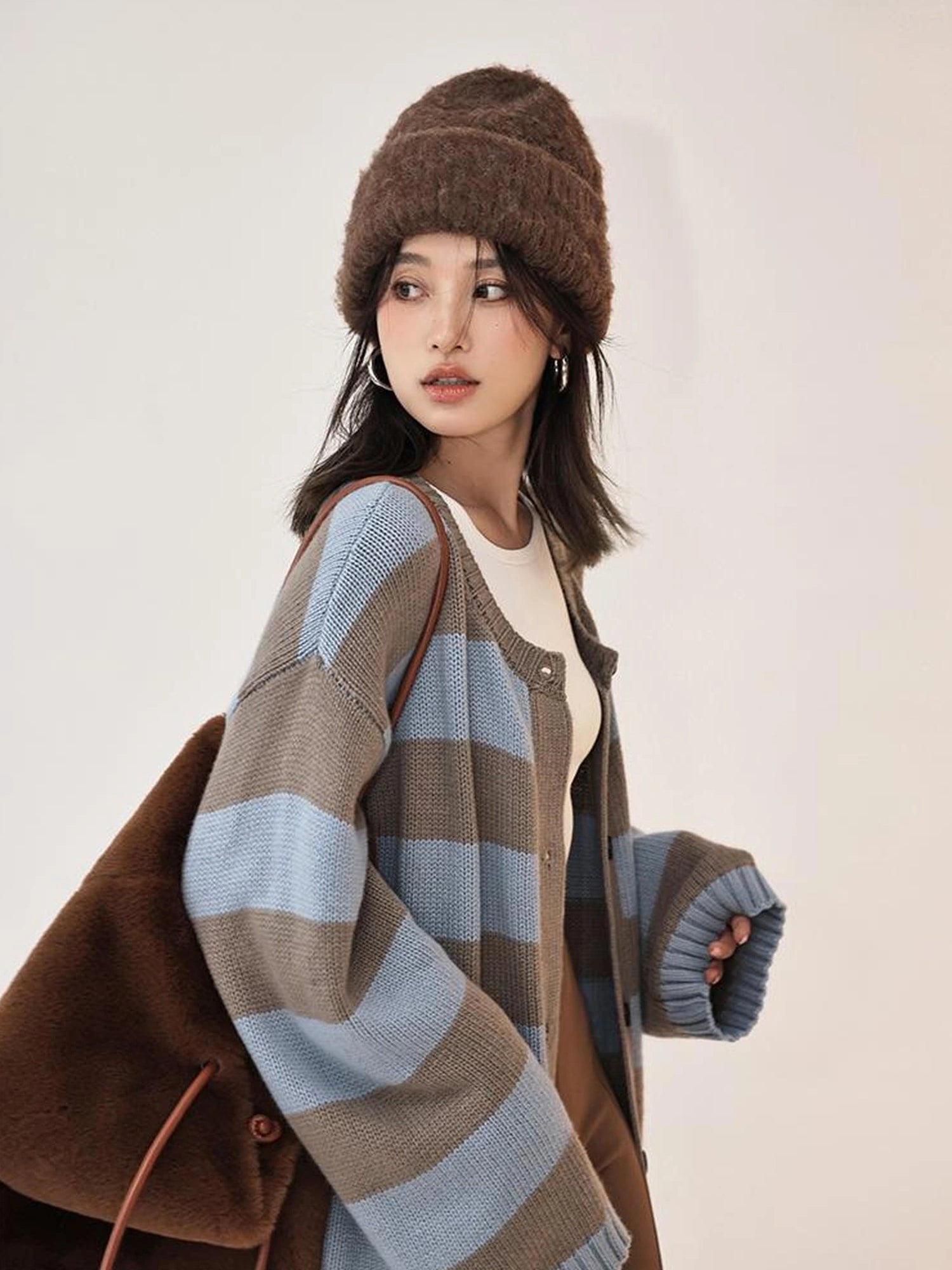 Oversize Color Block Striped Knit Cardigan