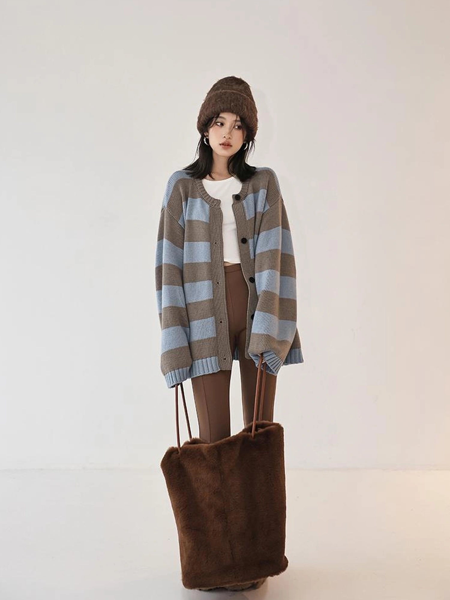 Oversize Color Block Striped Knit Cardigan