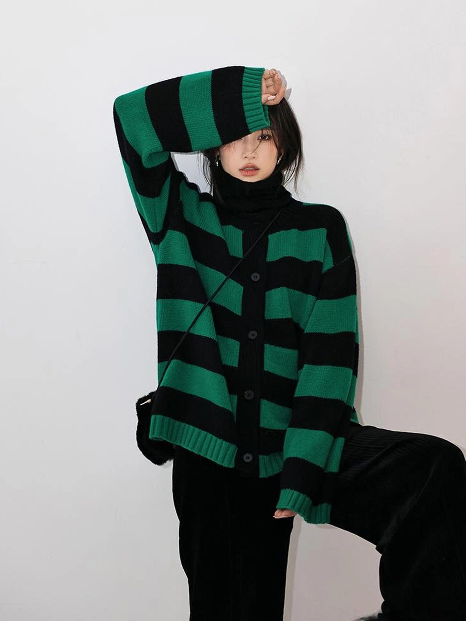 Oversize Color Block Striped Knit Cardigan