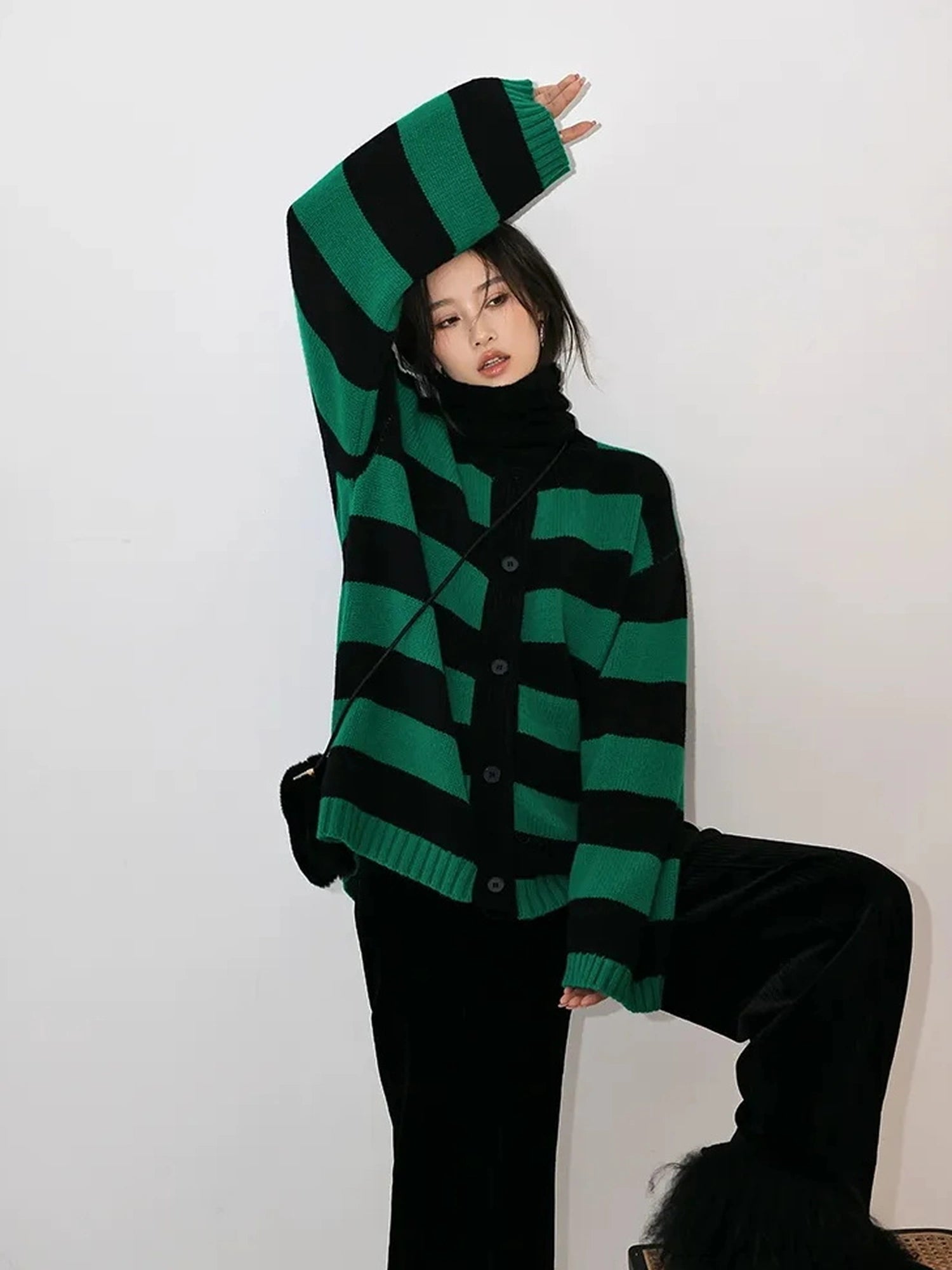 Oversize Color Block Striped Knit Cardigan