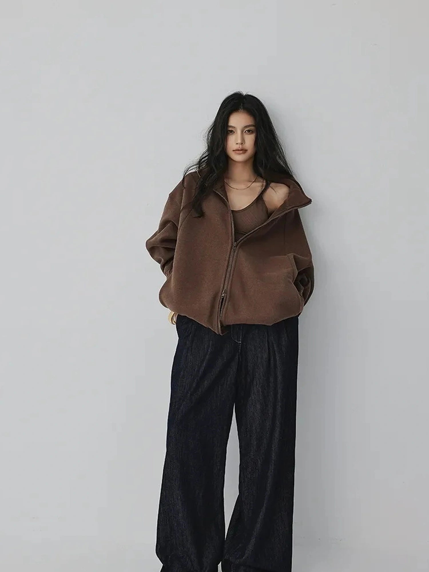 FU FRESH UP Oversize Fleece Lined Stand Collar Sweatshirt