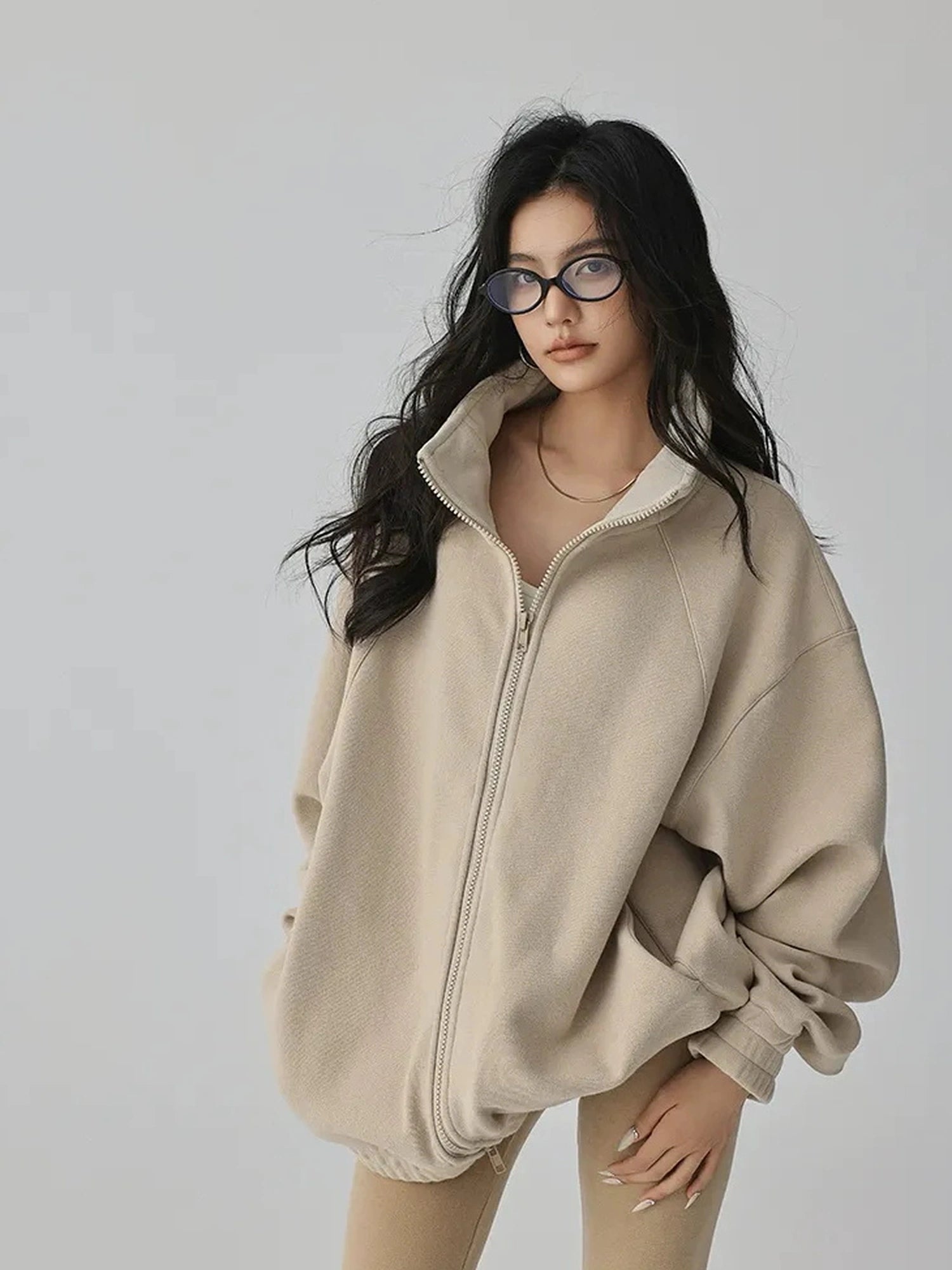 FU FRESH UP Oversize Fleece Lined Stand Collar Sweatshirt