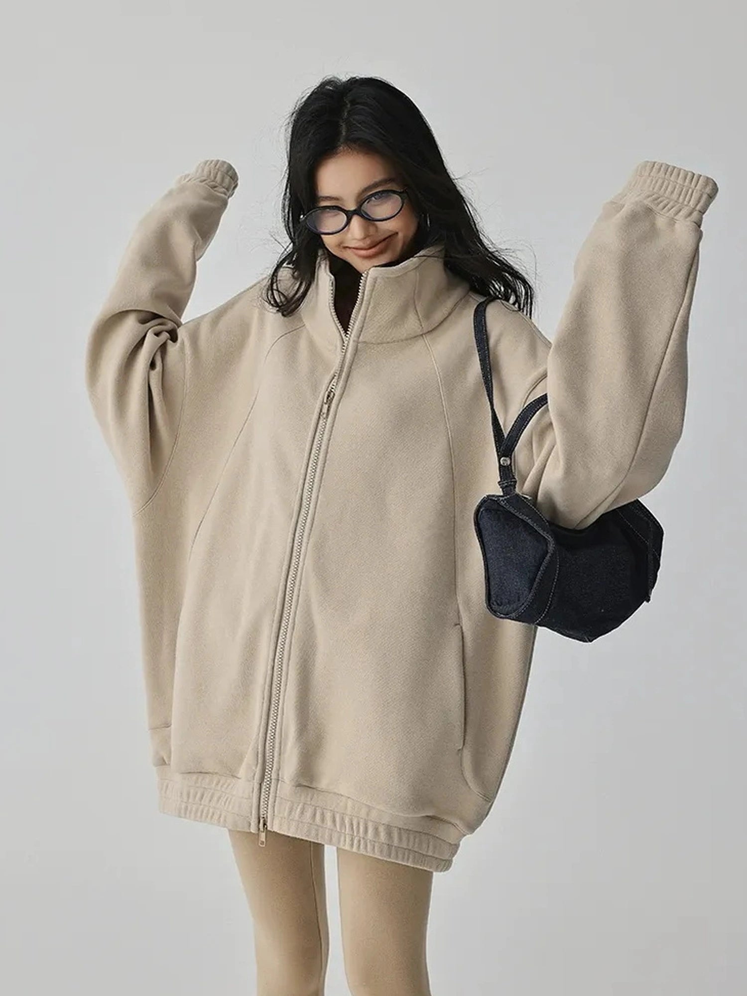 FU FRESH UP Oversize Fleece Lined Stand Collar Sweatshirt