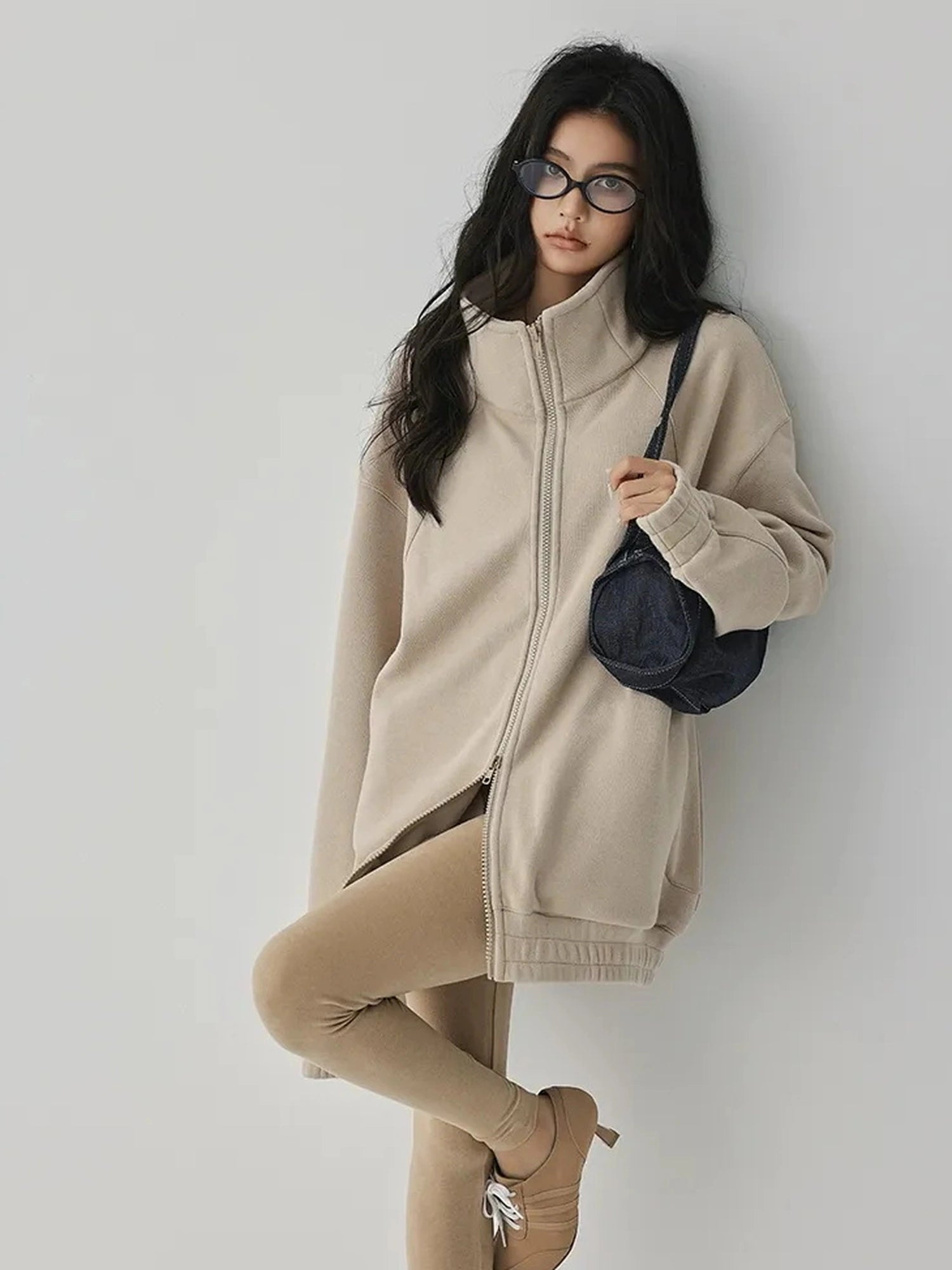 FU FRESH UP Oversize Fleece Lined Stand Collar Sweatshirt