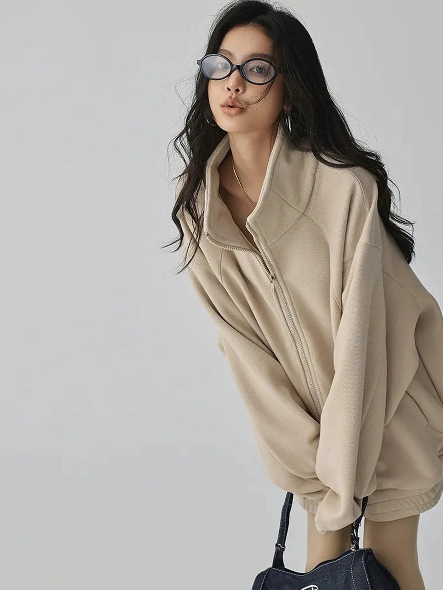 FU FRESH UP Oversize Fleece Lined Stand Collar Sweatshirt