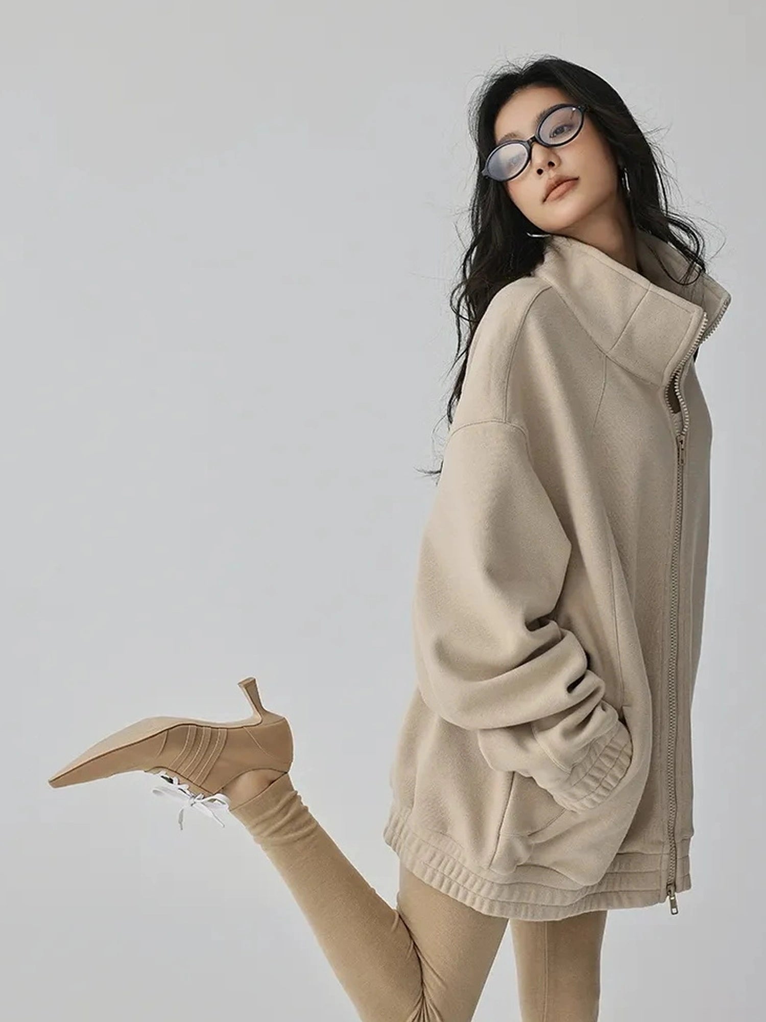 FU FRESH UP Oversize Fleece Lined Stand Collar Sweatshirt