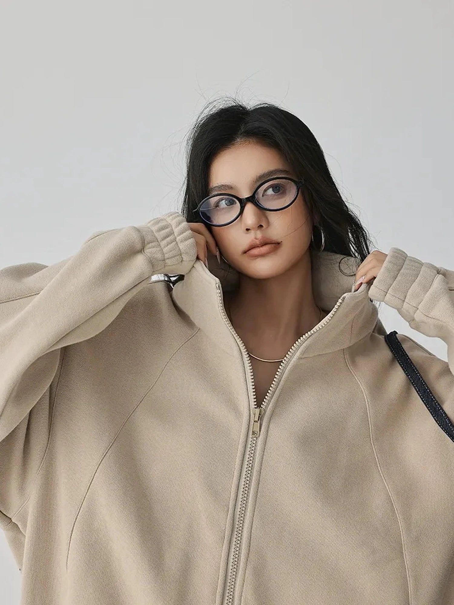 FU FRESH UP Oversize Fleece Lined Stand Collar Sweatshirt