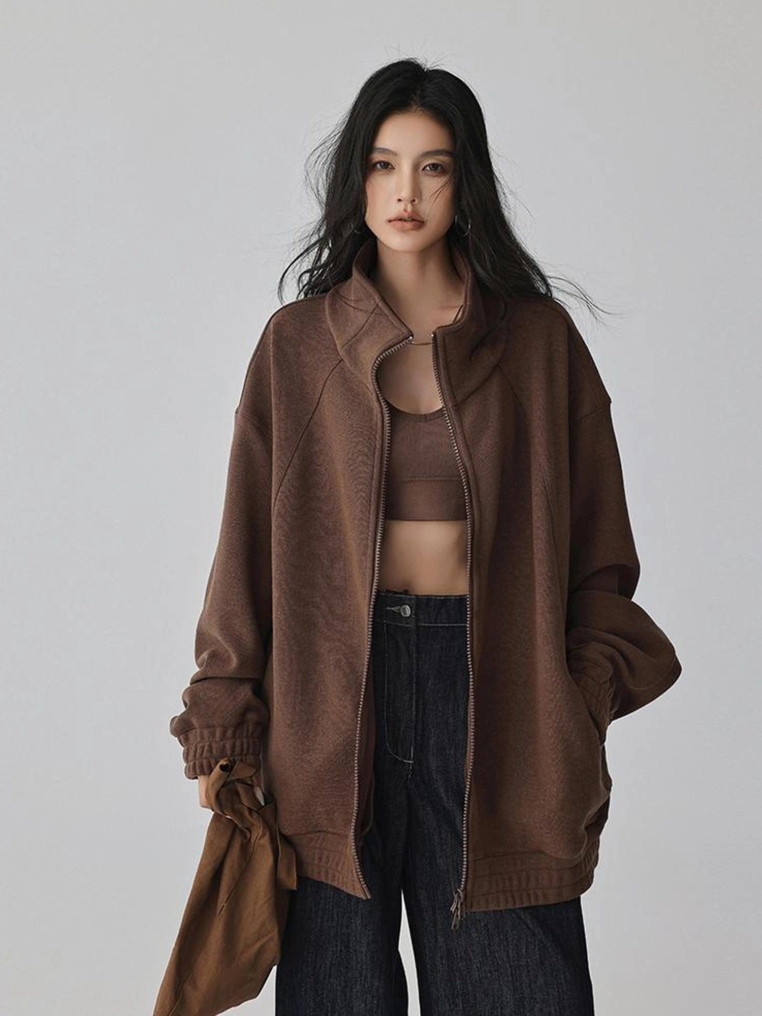FU FRESH UP Oversize Fleece Lined Stand Collar Sweatshirt