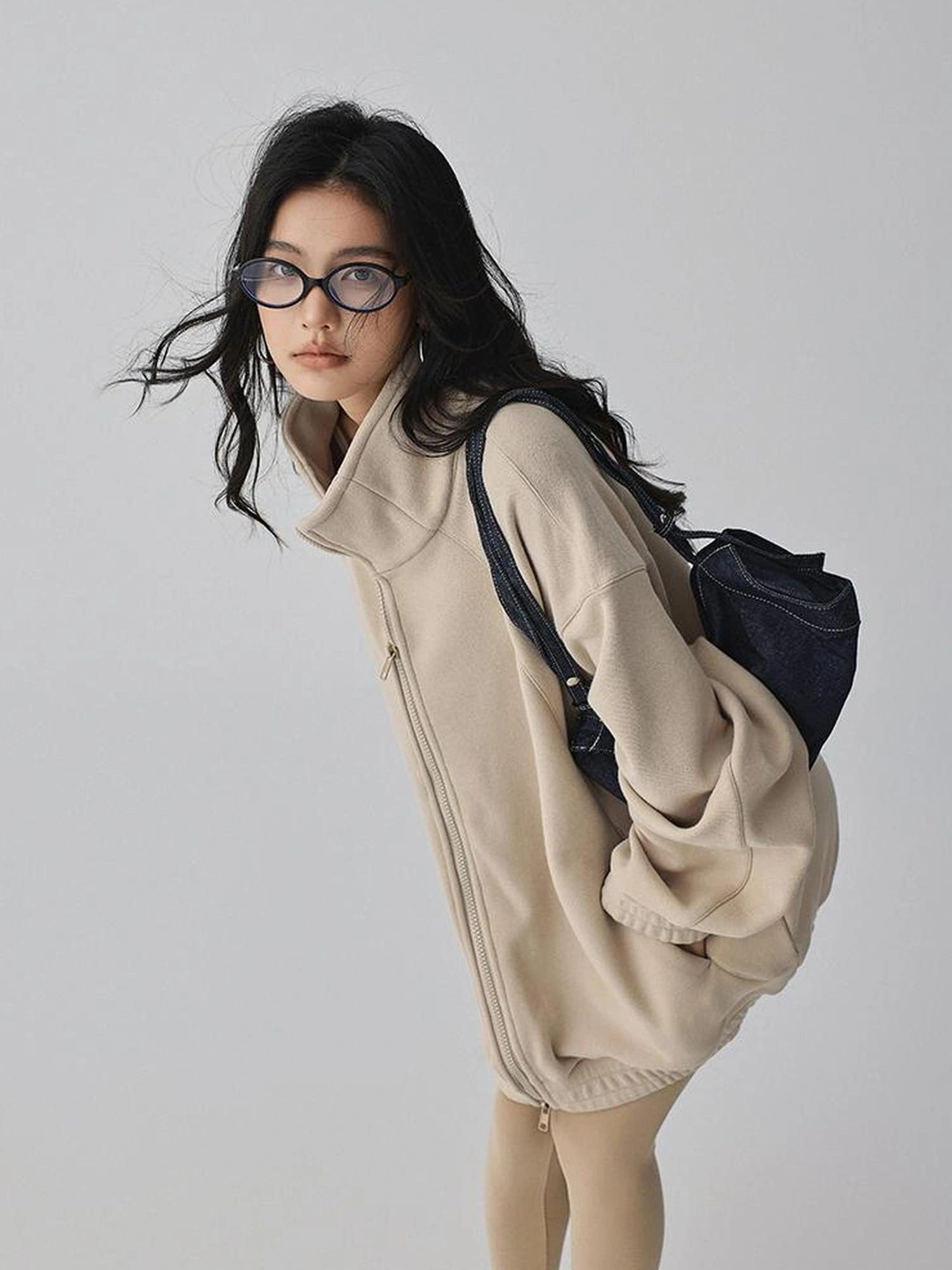 FU FRESH UP Oversize Fleece Lined Stand Collar Sweatshirt