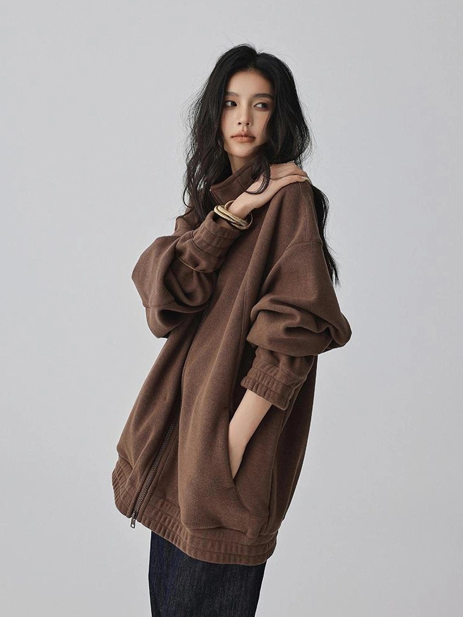 FU FRESH UP Oversize Fleece Lined Stand Collar Sweatshirt