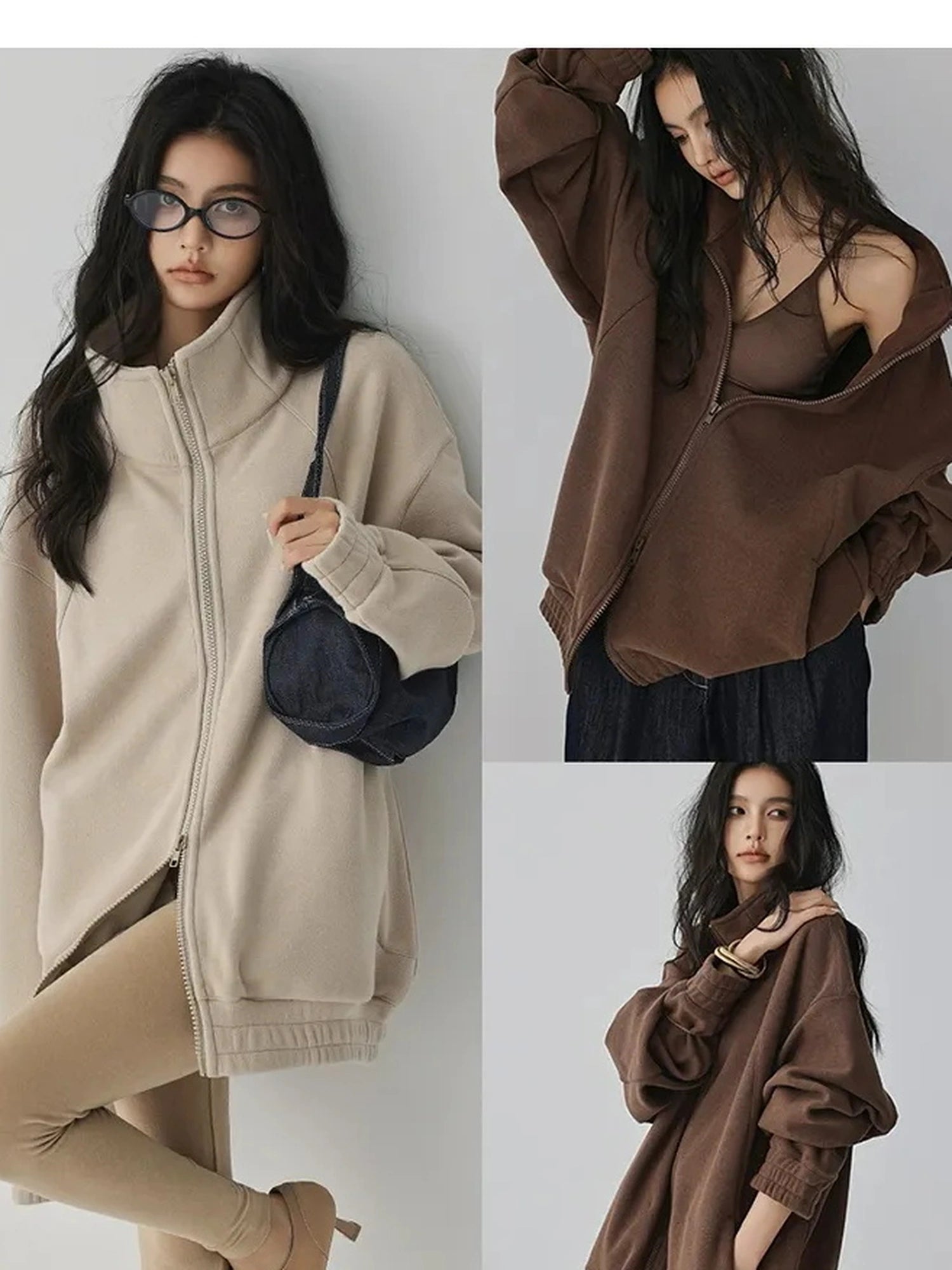FU FRESH UP Oversize Fleece Lined Stand Collar Sweatshirt