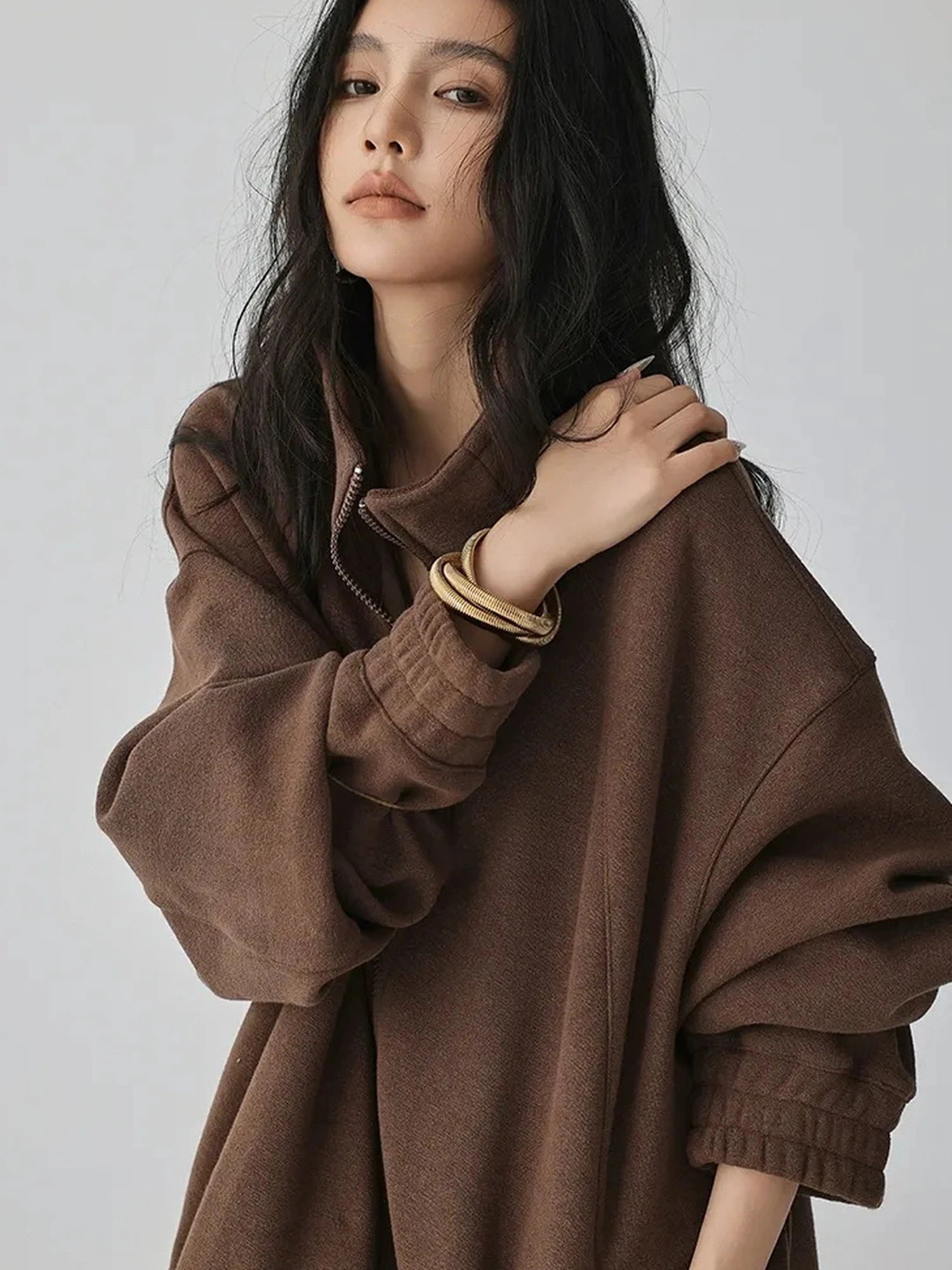 FU FRESH UP Oversize Fleece Lined Stand Collar Sweatshirt