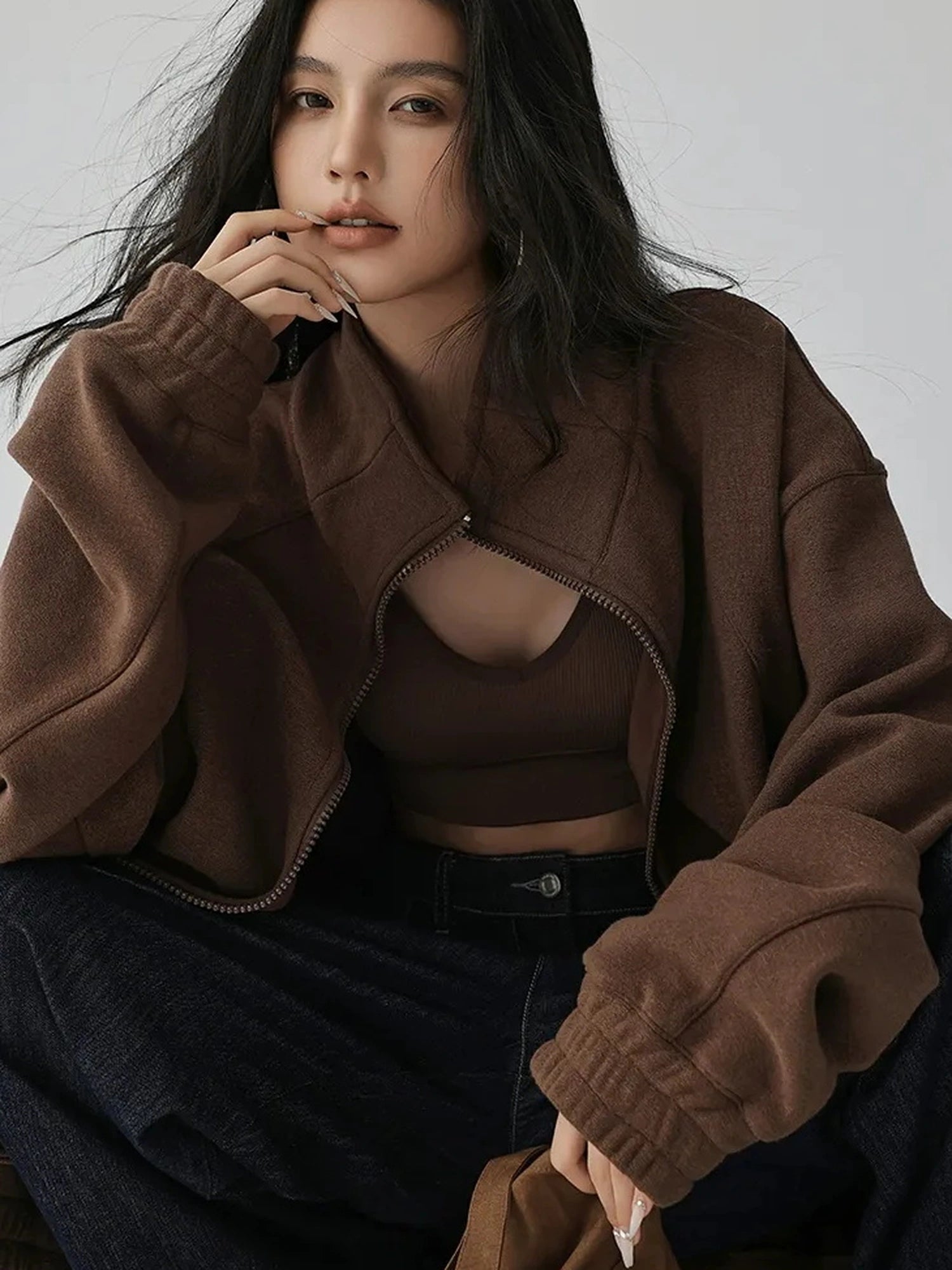 FU FRESH UP Oversize Fleece Lined Stand Collar Sweatshirt