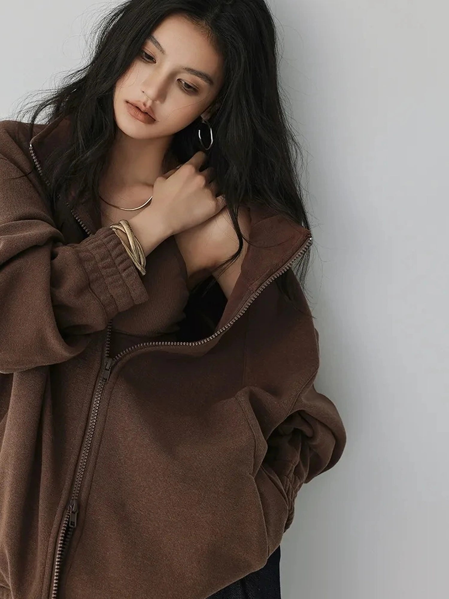 FU FRESH UP Oversize Fleece Lined Stand Collar Sweatshirt