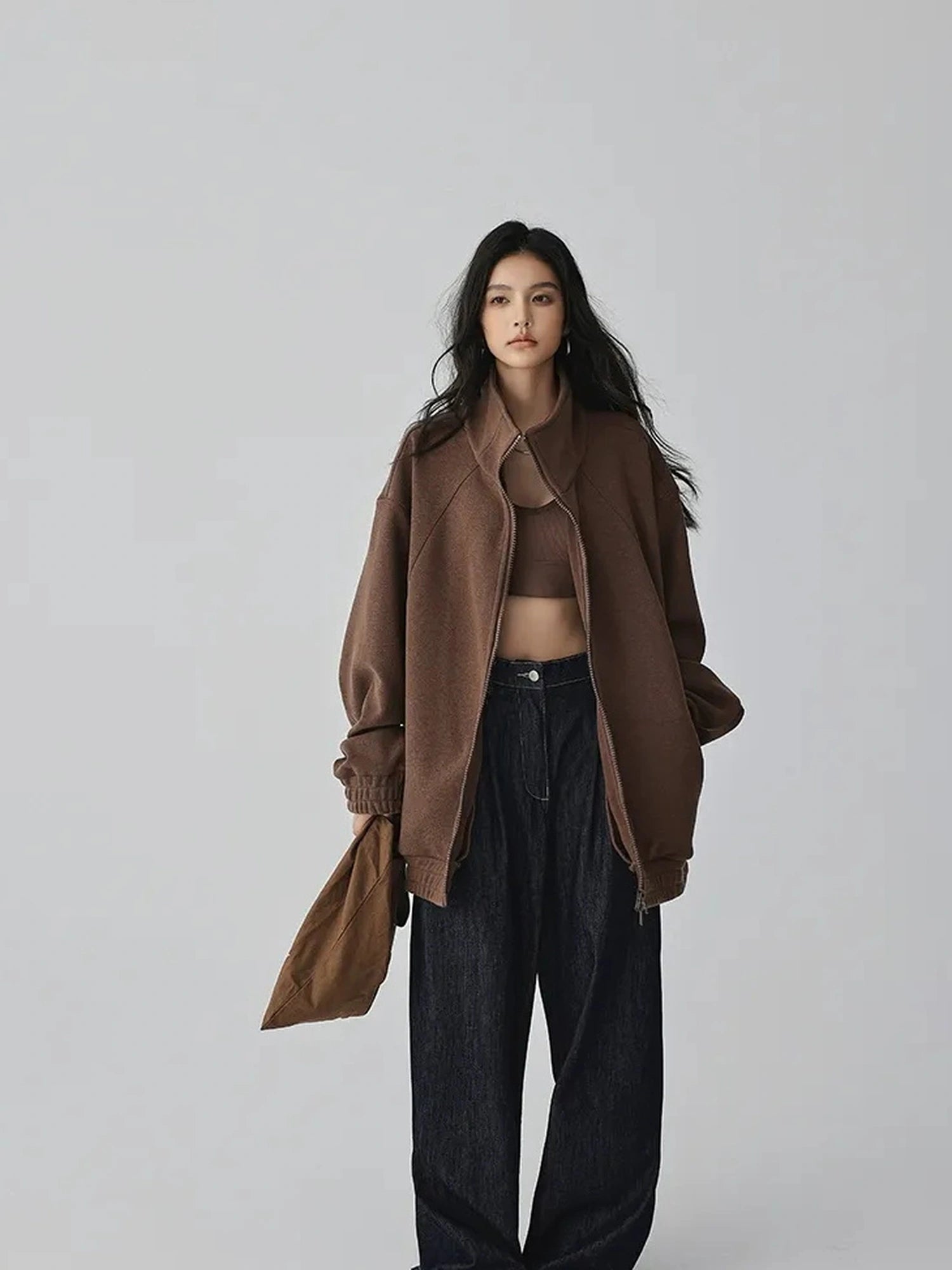 FU FRESH UP Oversize Fleece Lined Stand Collar Sweatshirt