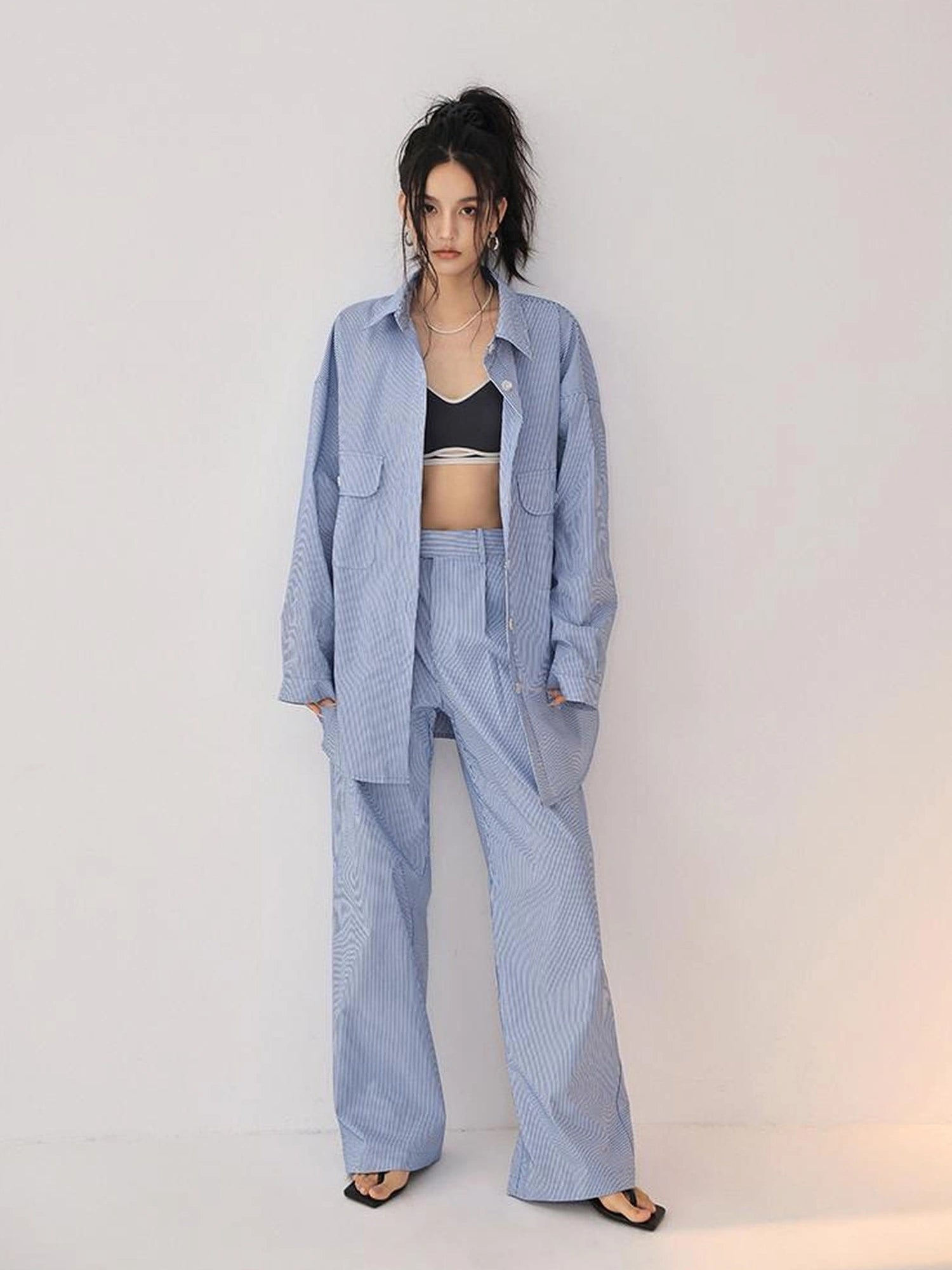 FU FRESH UP Oversize Striped Cotton Shirt Wide Leg Pants Set